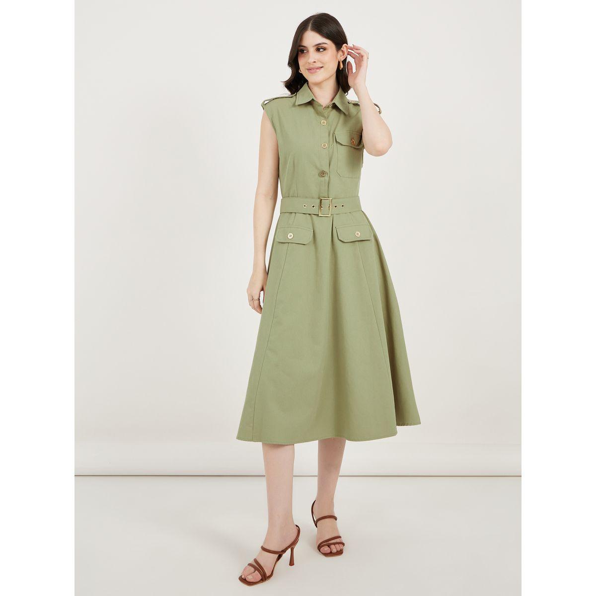 فستان ميدي بحزام خصر وتفاصيل غطاء جيب-women-clothing-dresses-image-1