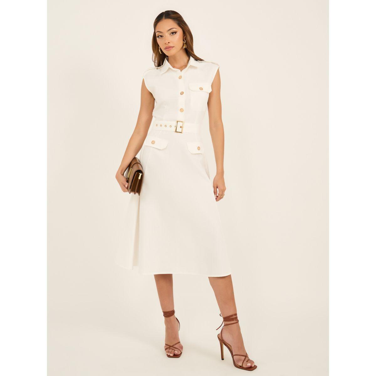 Belted Shirt Midi Dress with Mock Flap Pocket-women-clothing-dresses-image-2