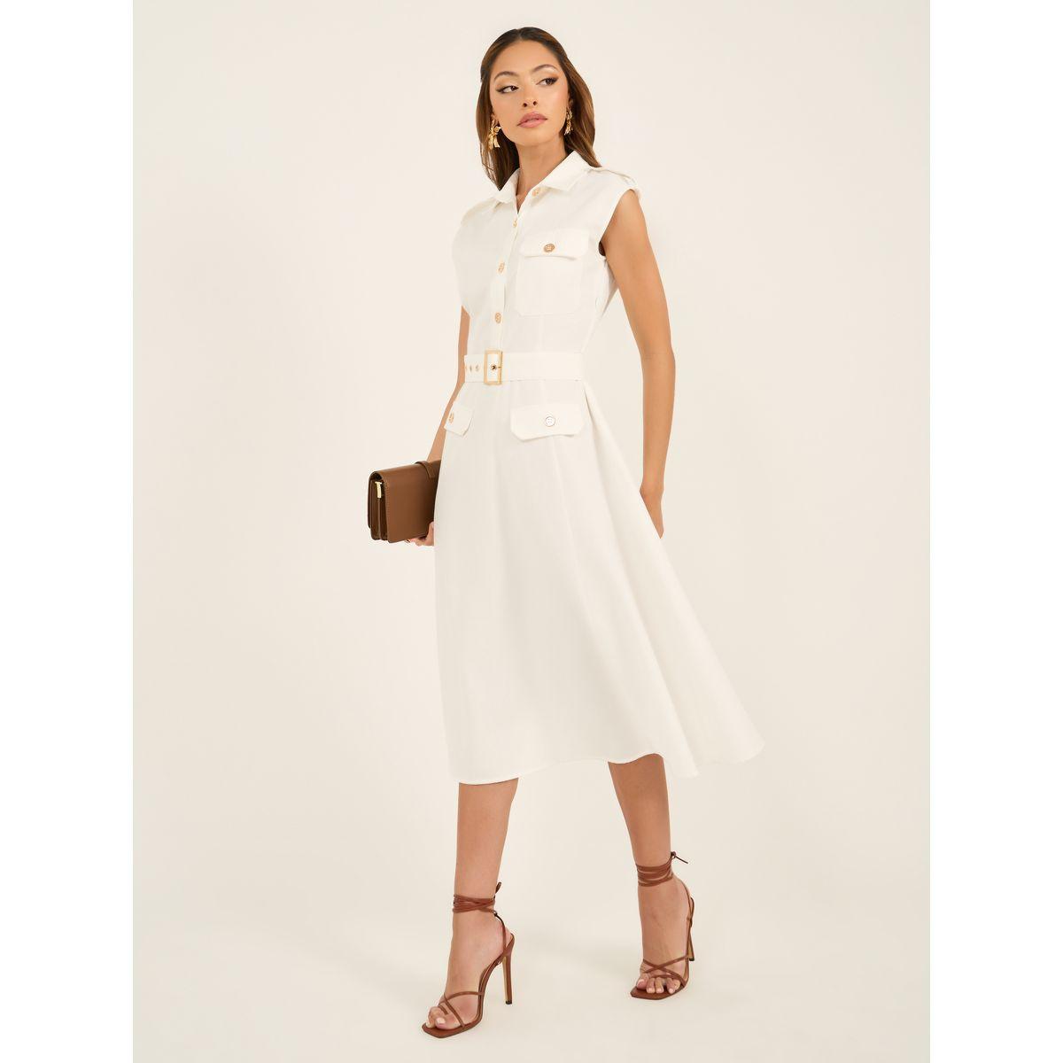 Belted Shirt Midi Dress with Mock Flap Pocket-women-clothing-dresses-image-3