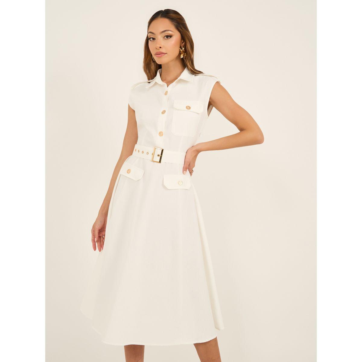 Belted Shirt Midi Dress with Mock Flap Pocket-women-clothing-dresses-image-4
