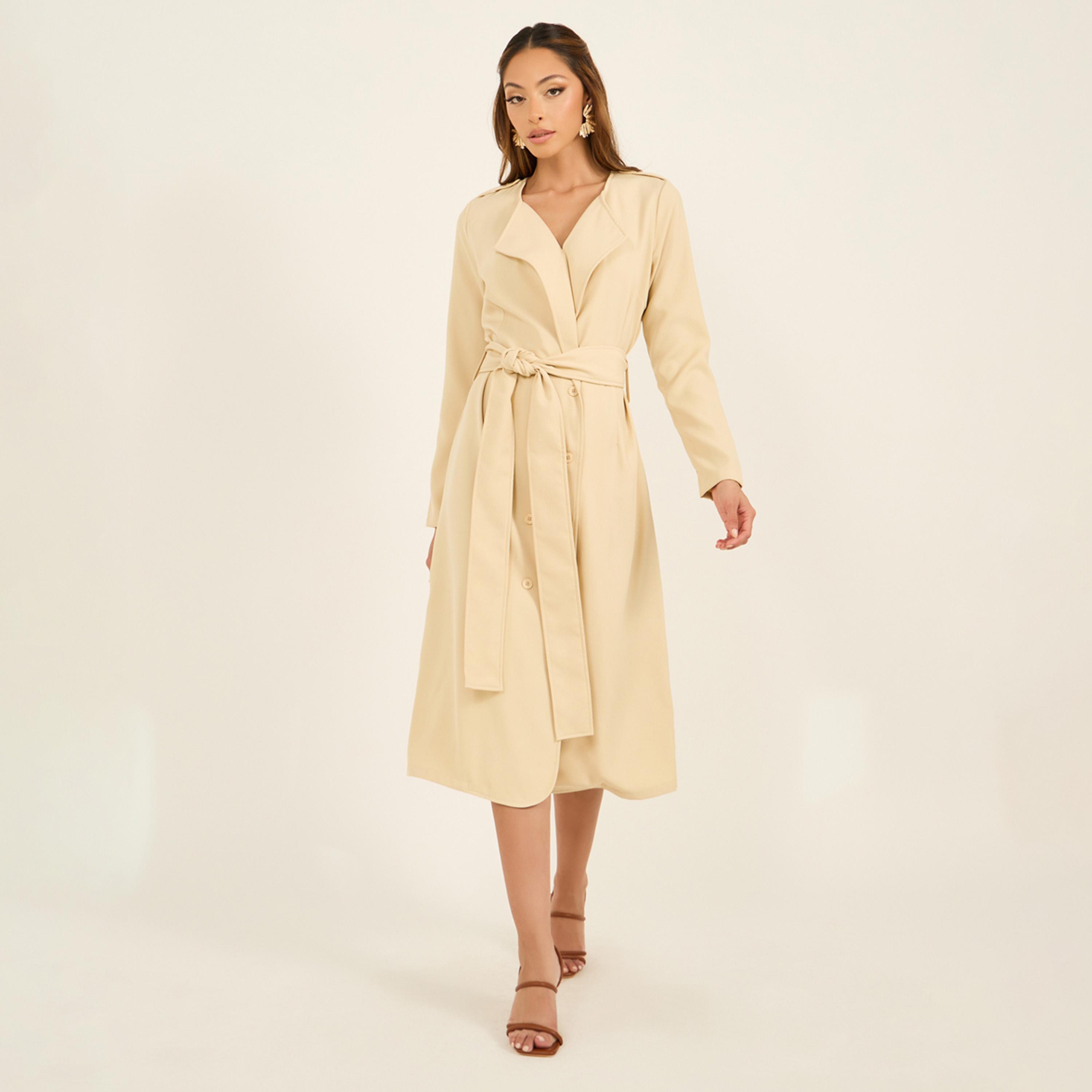 ستايلي - فستان بليزر ميدي بأكمام طويلة مع حزام من القماش-women-clothing-dresses-image-1