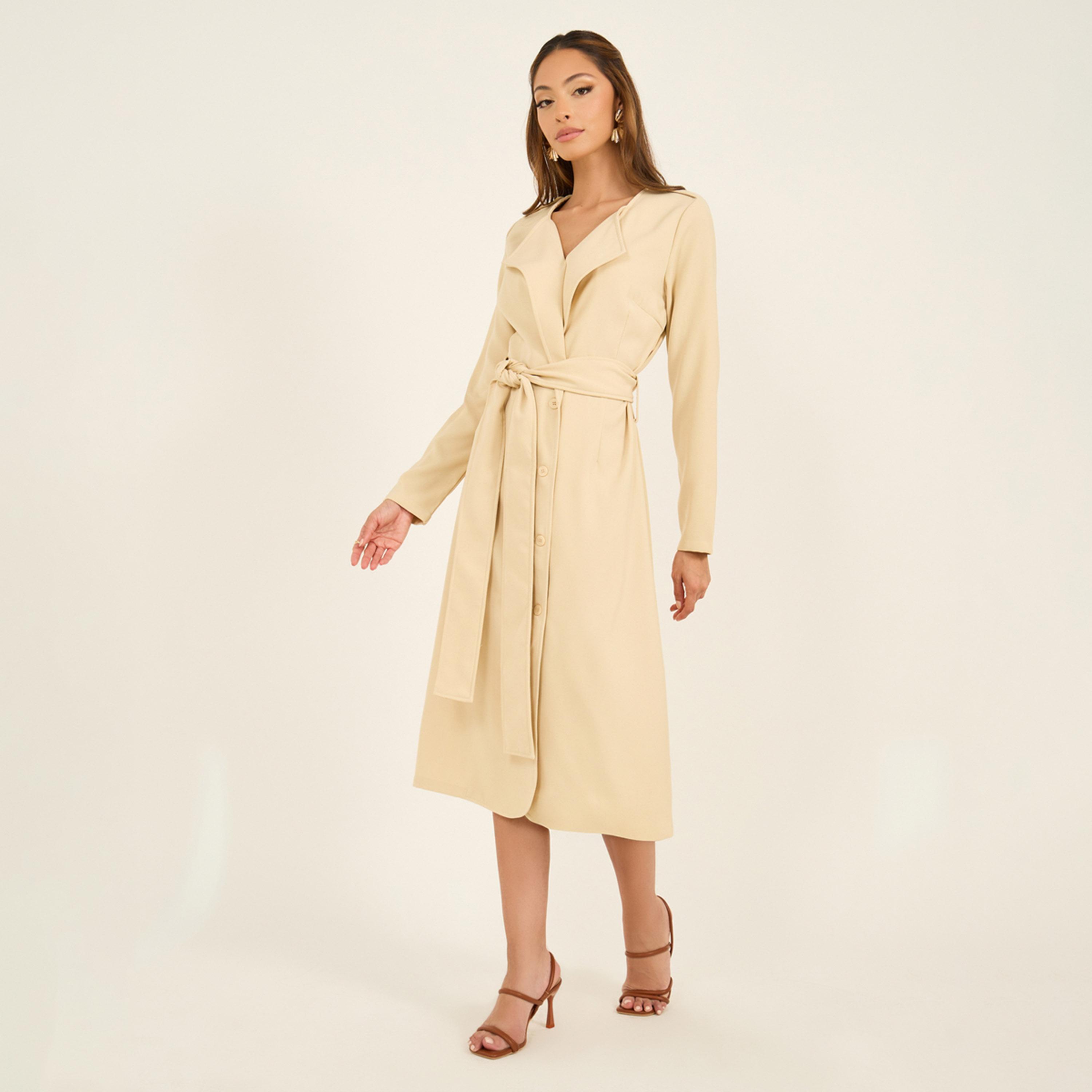 Styli Plain Long Sleeves Blazer Midi Dress With Fabric Belt-women-clothing-dresses-image-2