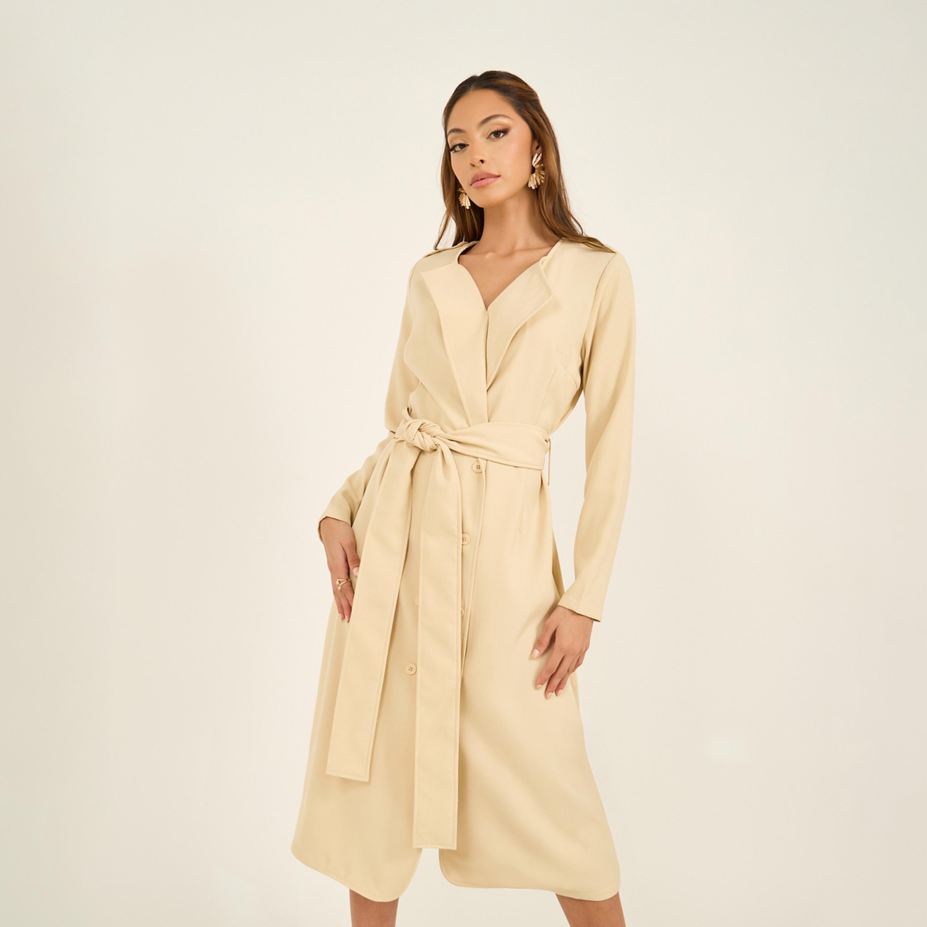 Styli Plain Long Sleeves Blazer Midi Dress With Fabric Belt-women-clothing-dresses-image-3