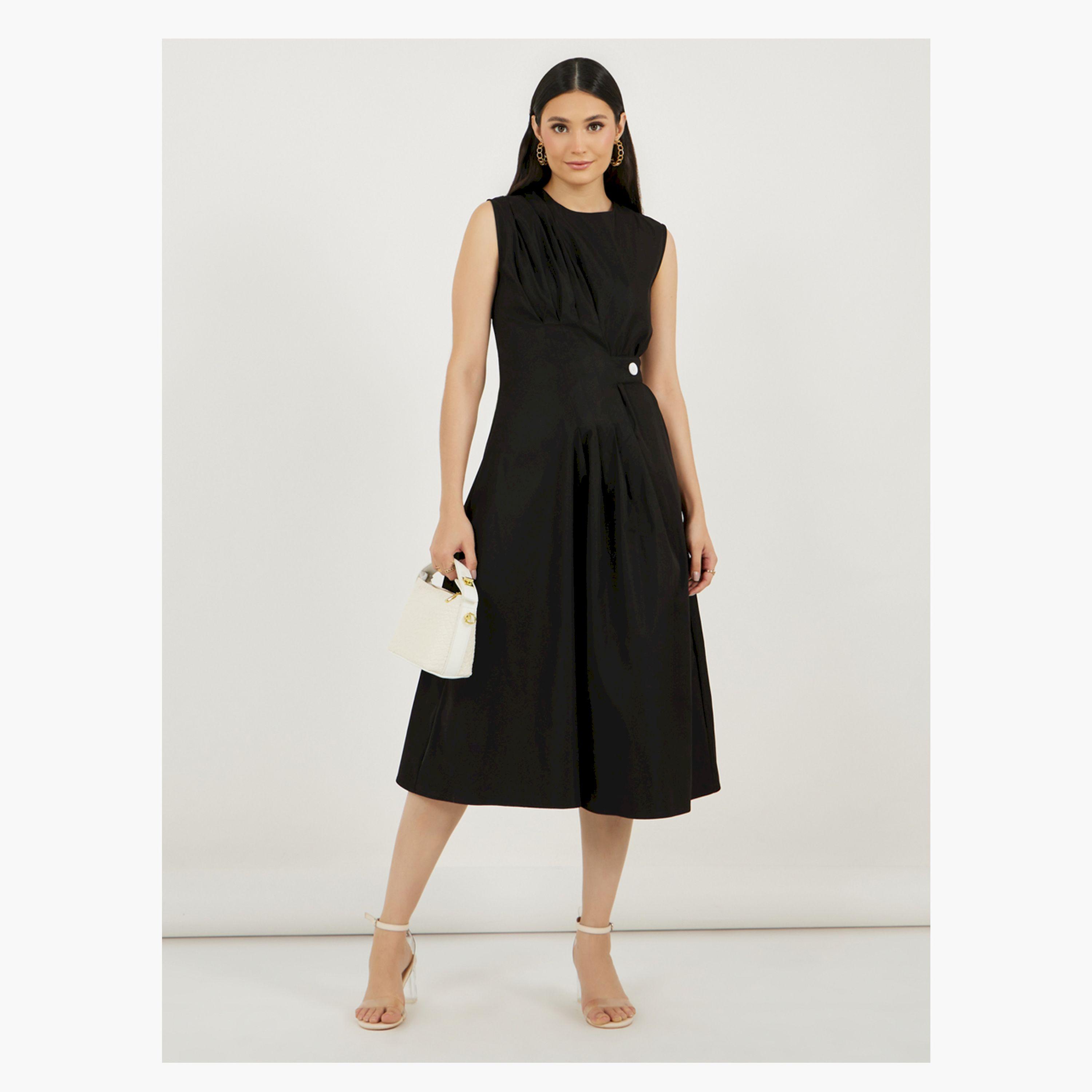 ستايلي - فستان ميدي بدون أكمام بتصميم A بكسرات أمامية-women-clothing-dresses-image-1