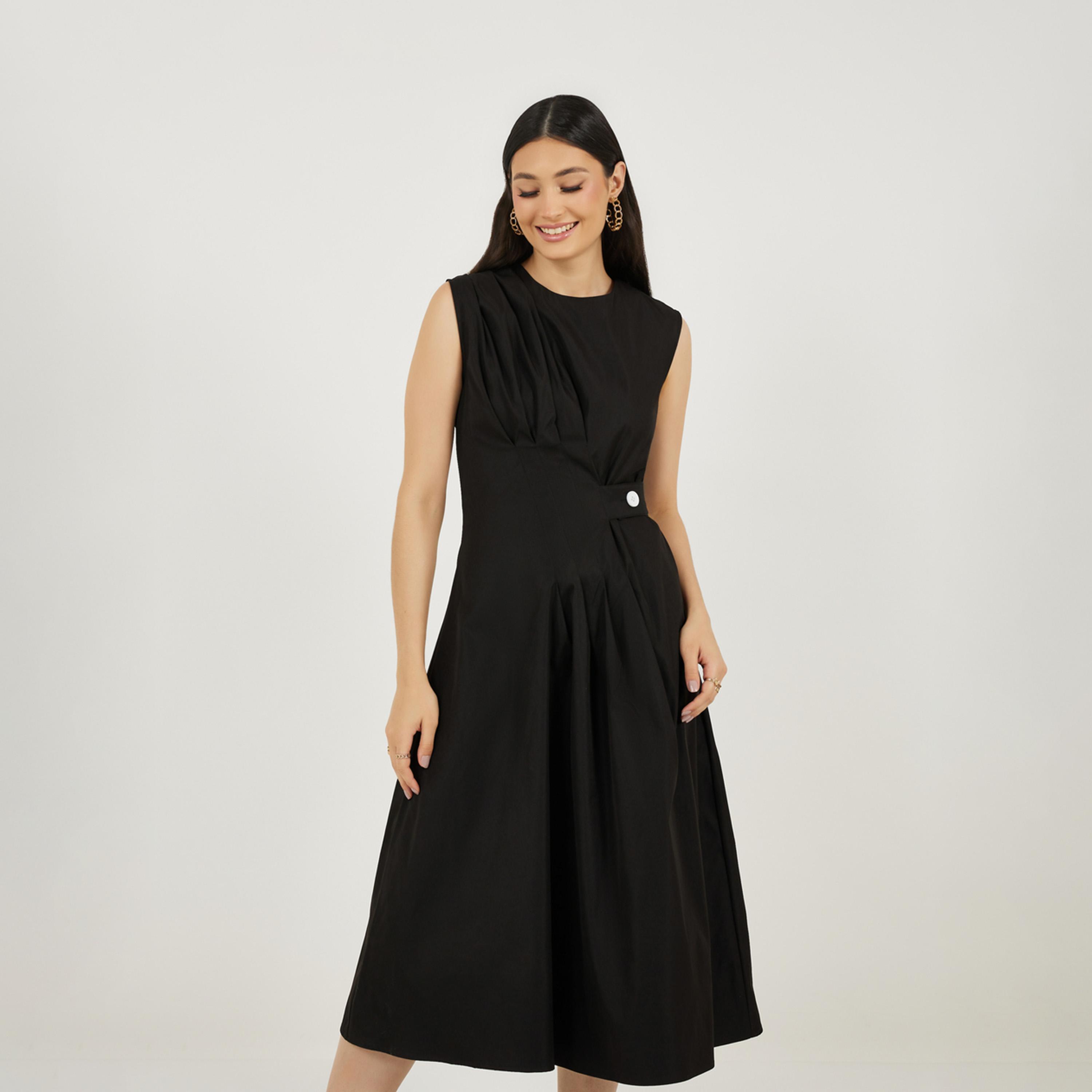 Styli Pleated Front Sleeveless A-Line Midi Dress-women-clothing-dresses-image-2