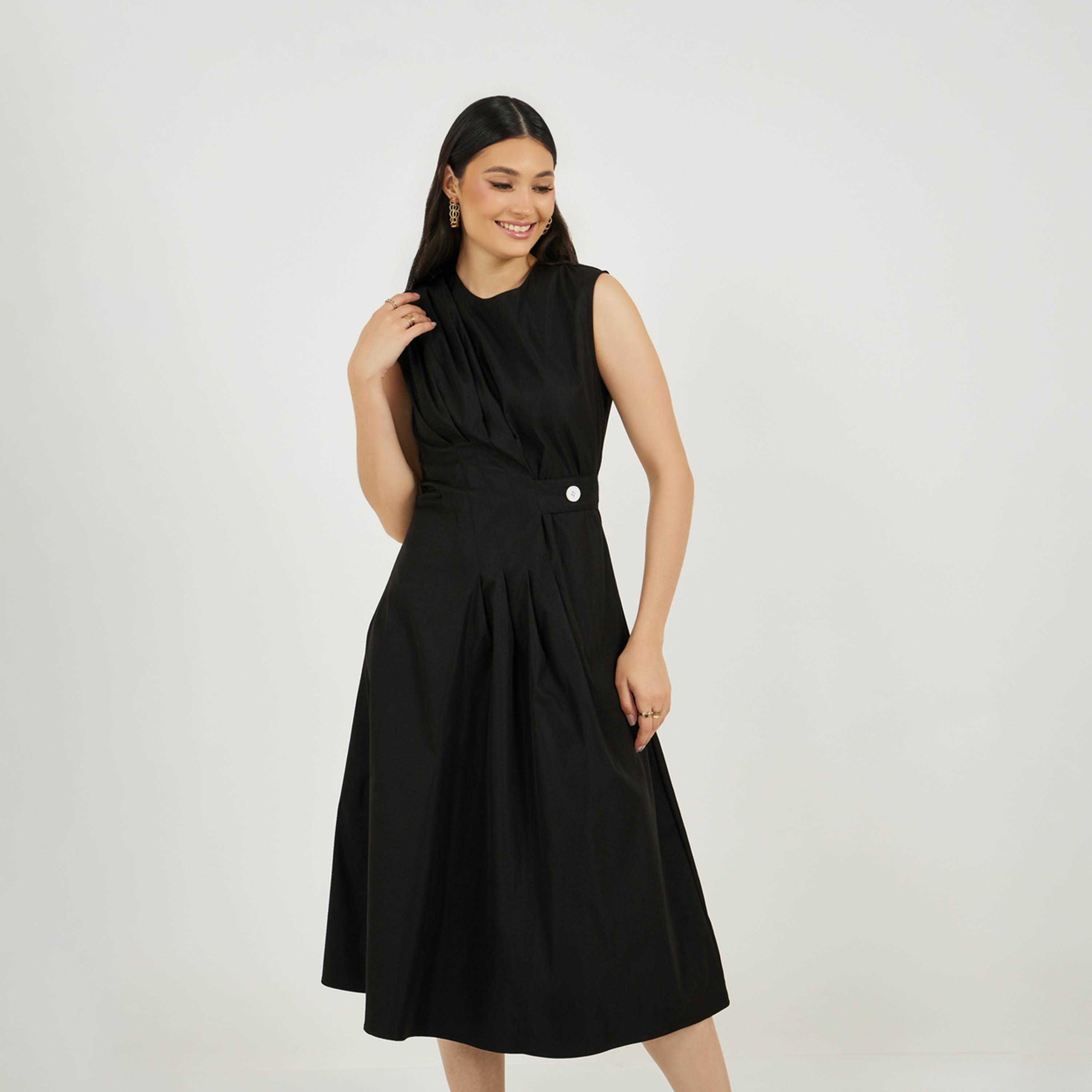 ستايلي - فستان ميدي بدون أكمام بتصميم A بكسرات أمامية-women-clothing-dresses-image-4