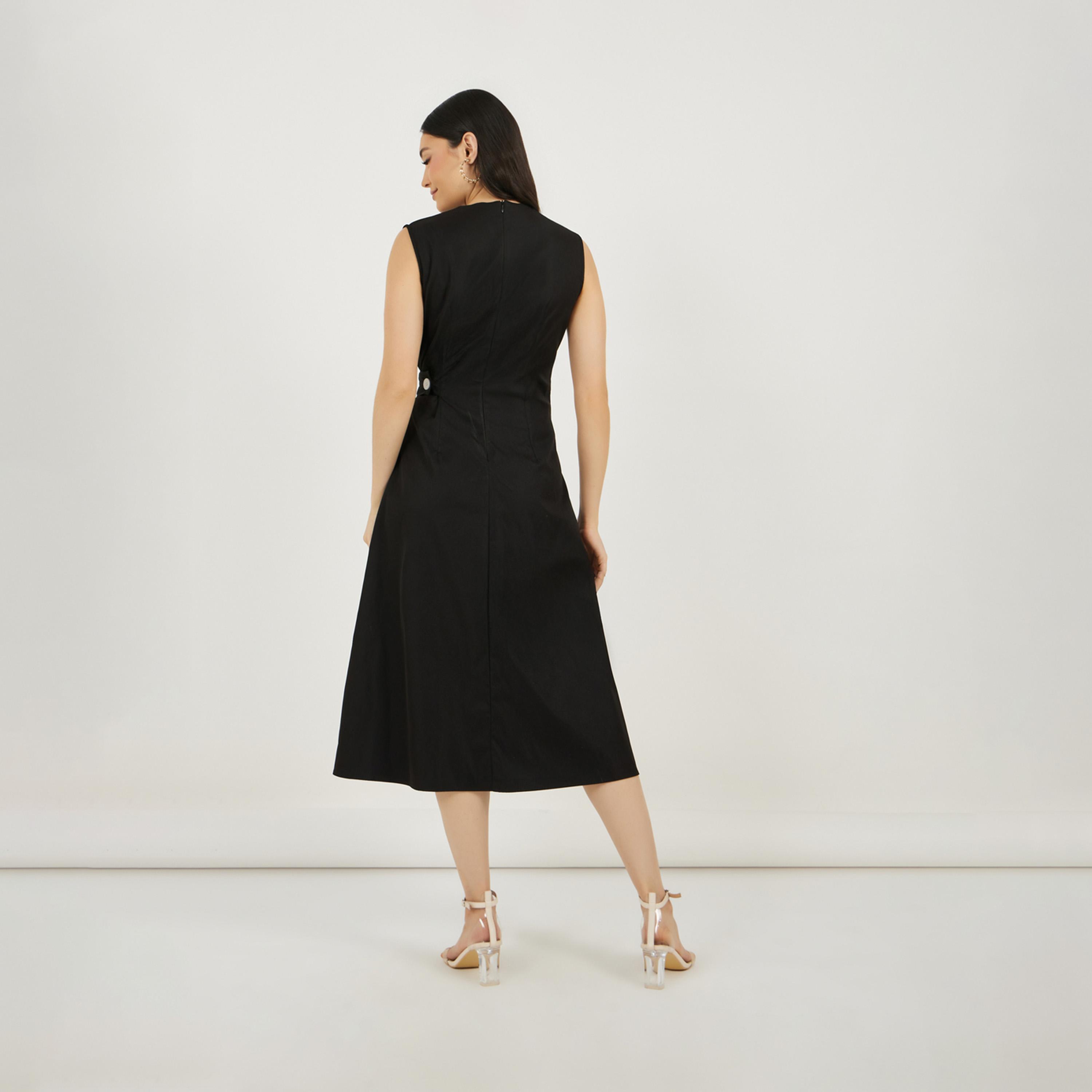 ستايلي - فستان ميدي بدون أكمام بتصميم A بكسرات أمامية-women-clothing-dresses-image-5