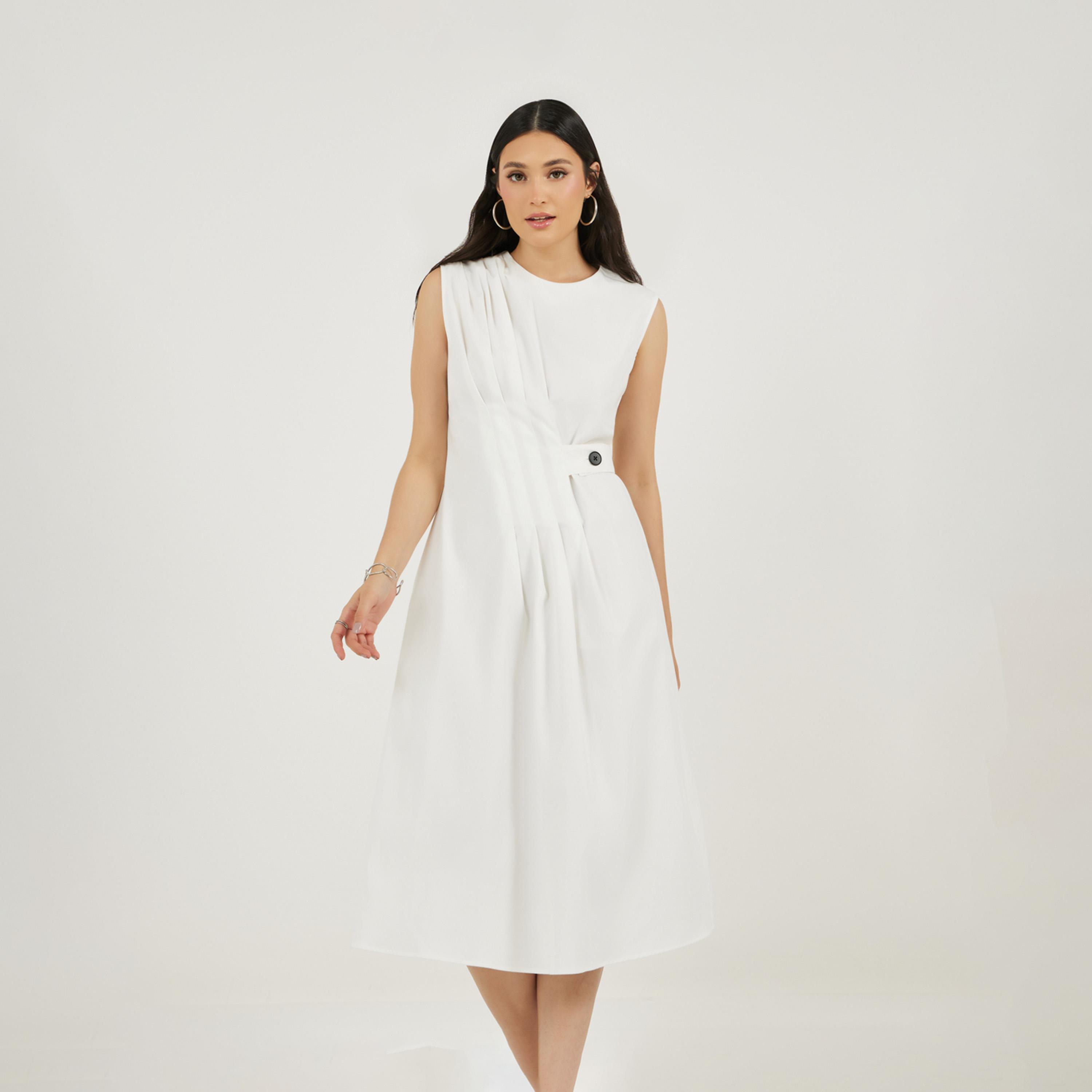 Styli Pleated Front Sleeveless A-Line Midi Dress-women-clothing-dresses-image-1