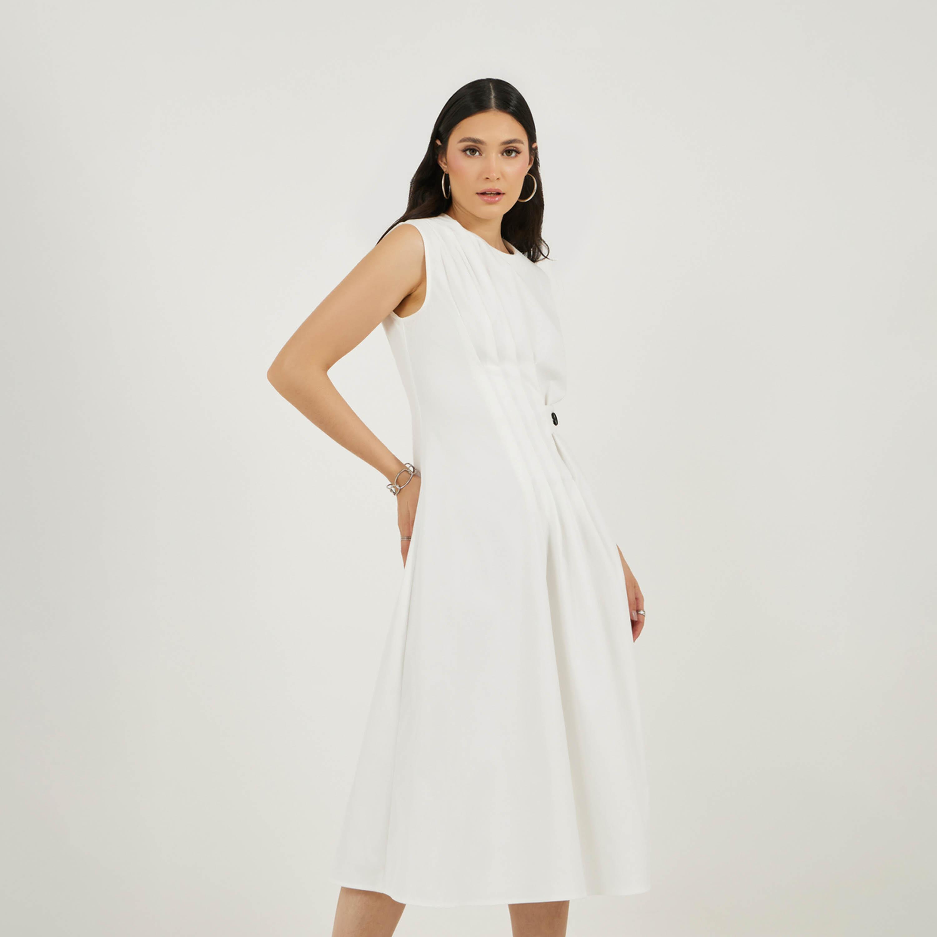 ستايلي - فستان ميدي بدون أكمام بتصميم A بكسرات أمامية-women-clothing-dresses-image-4