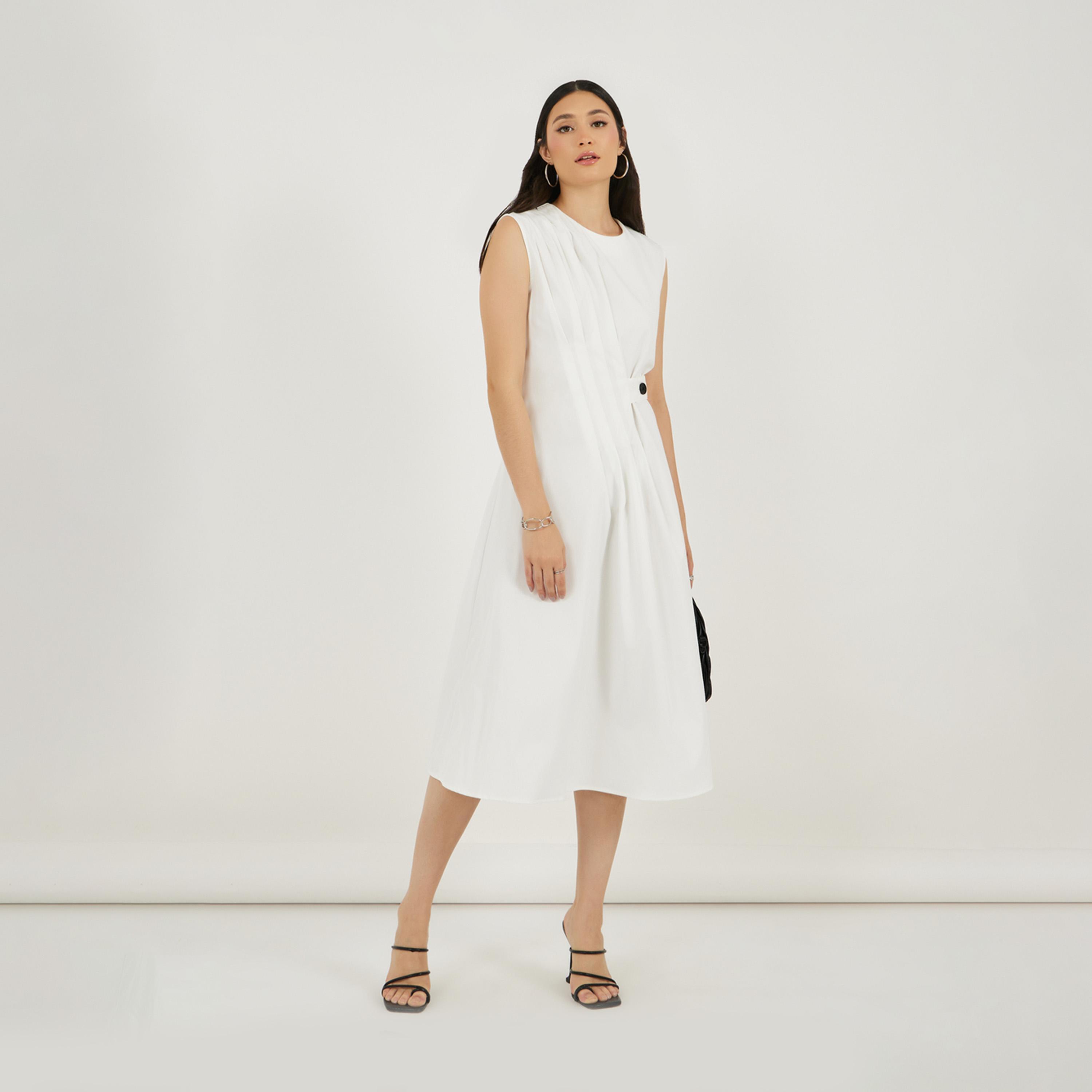 ستايلي - فستان ميدي بدون أكمام بتصميم A بكسرات أمامية-women-clothing-dresses-image-5