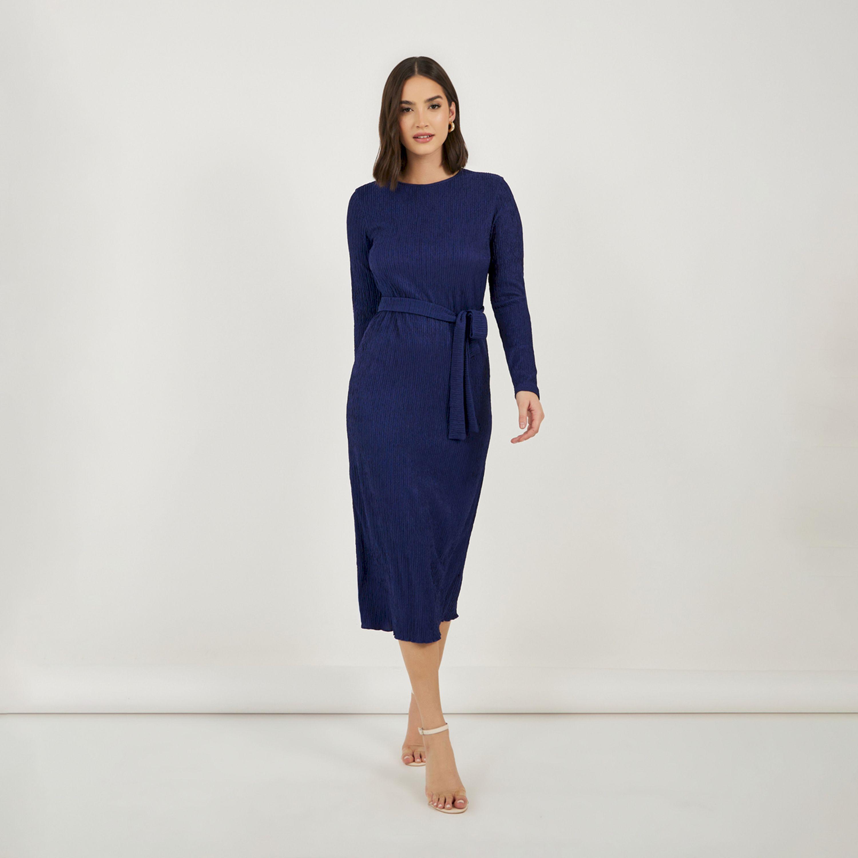 Styli Textured Bodycon Midi Dress with Tie-Belt-women-clothing-dresses-image-1
