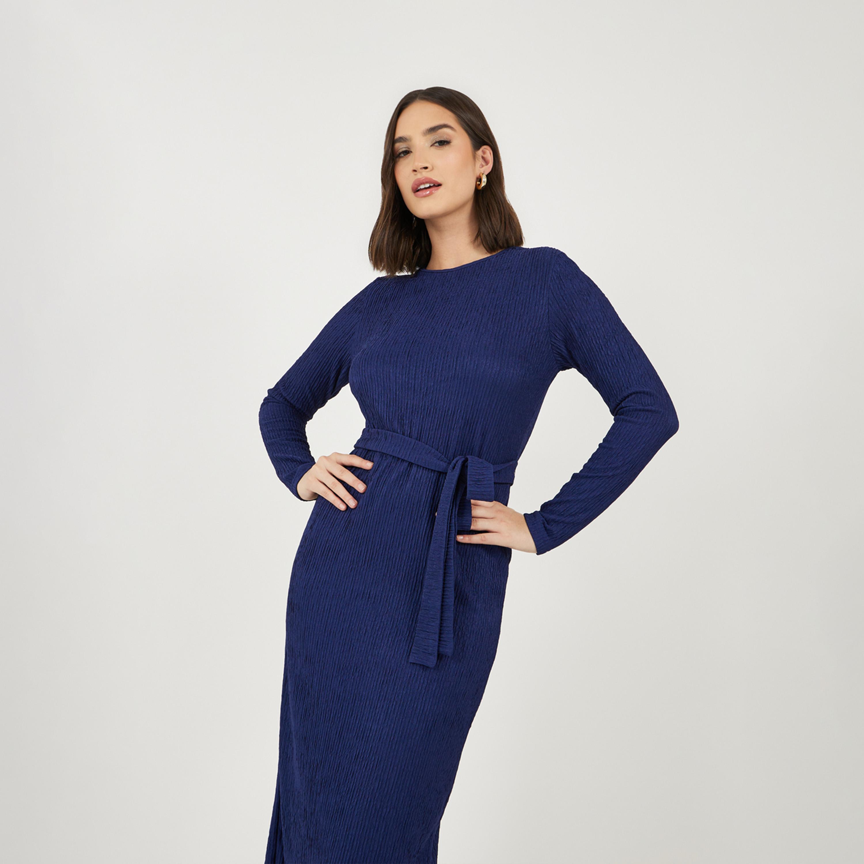 Styli Textured Bodycon Midi Dress with Tie-Belt-women-clothing-dresses-image-2