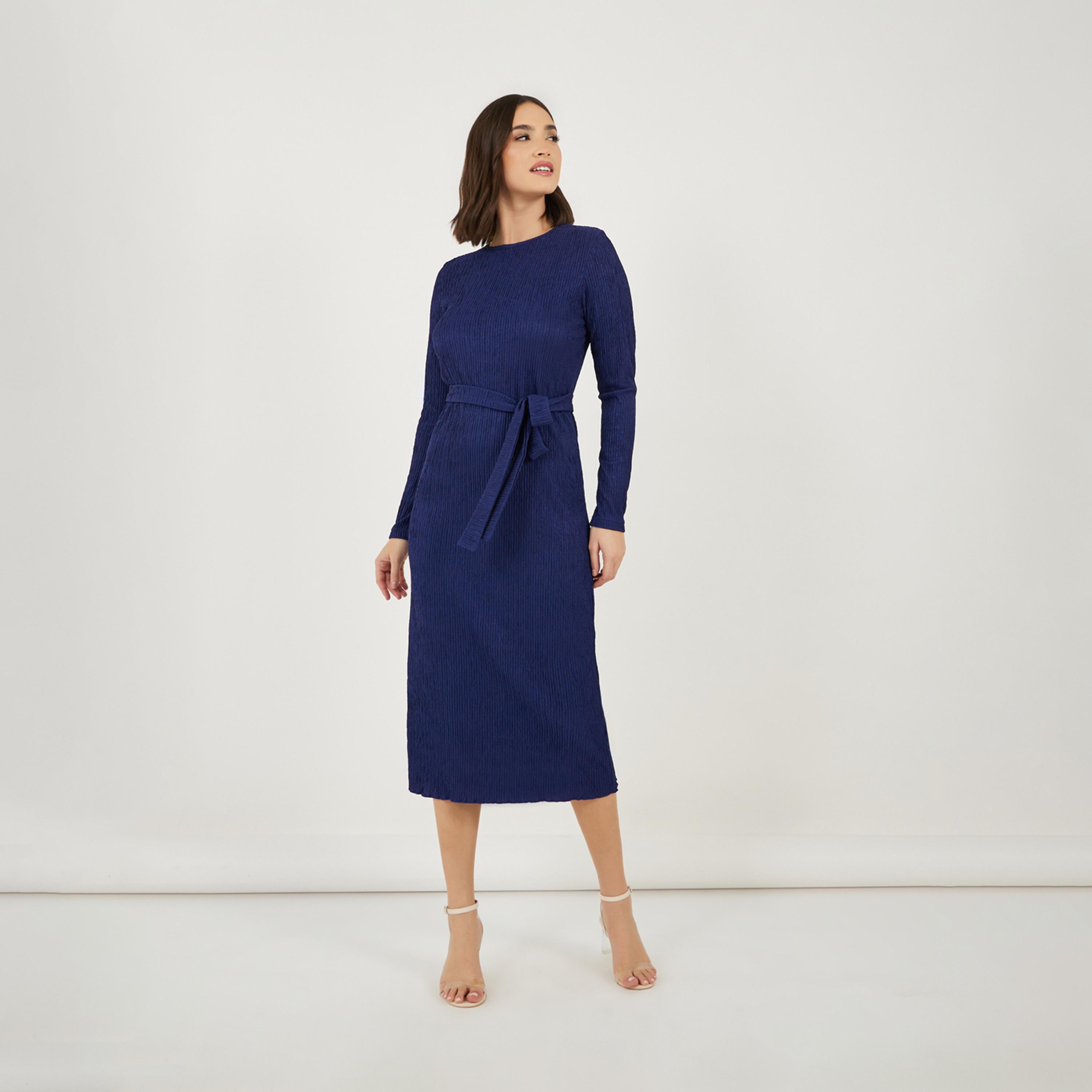 Styli Textured Bodycon Midi Dress with Tie-Belt-women-clothing-dresses-image-4