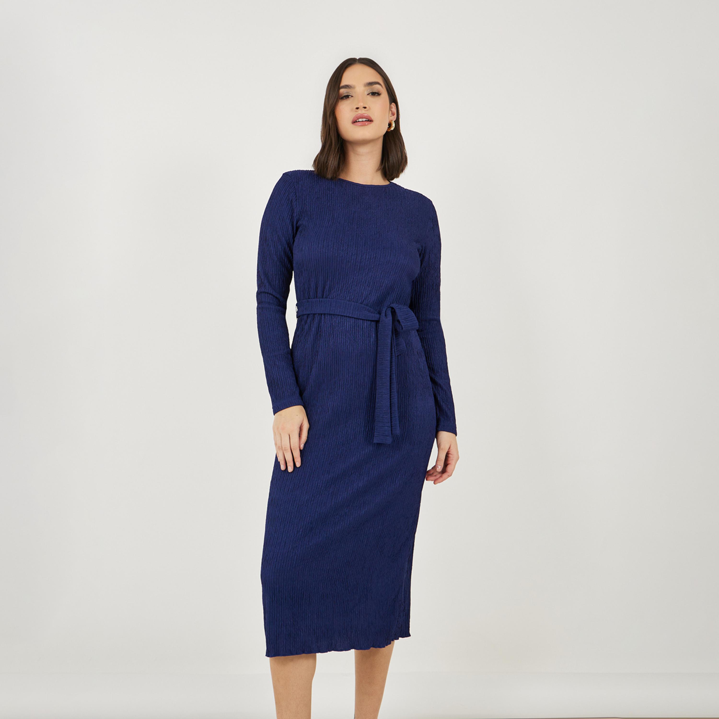 ستايلي - فستان متوسط الطول ضيق مع حزام للربط-women-clothing-dresses-image-5