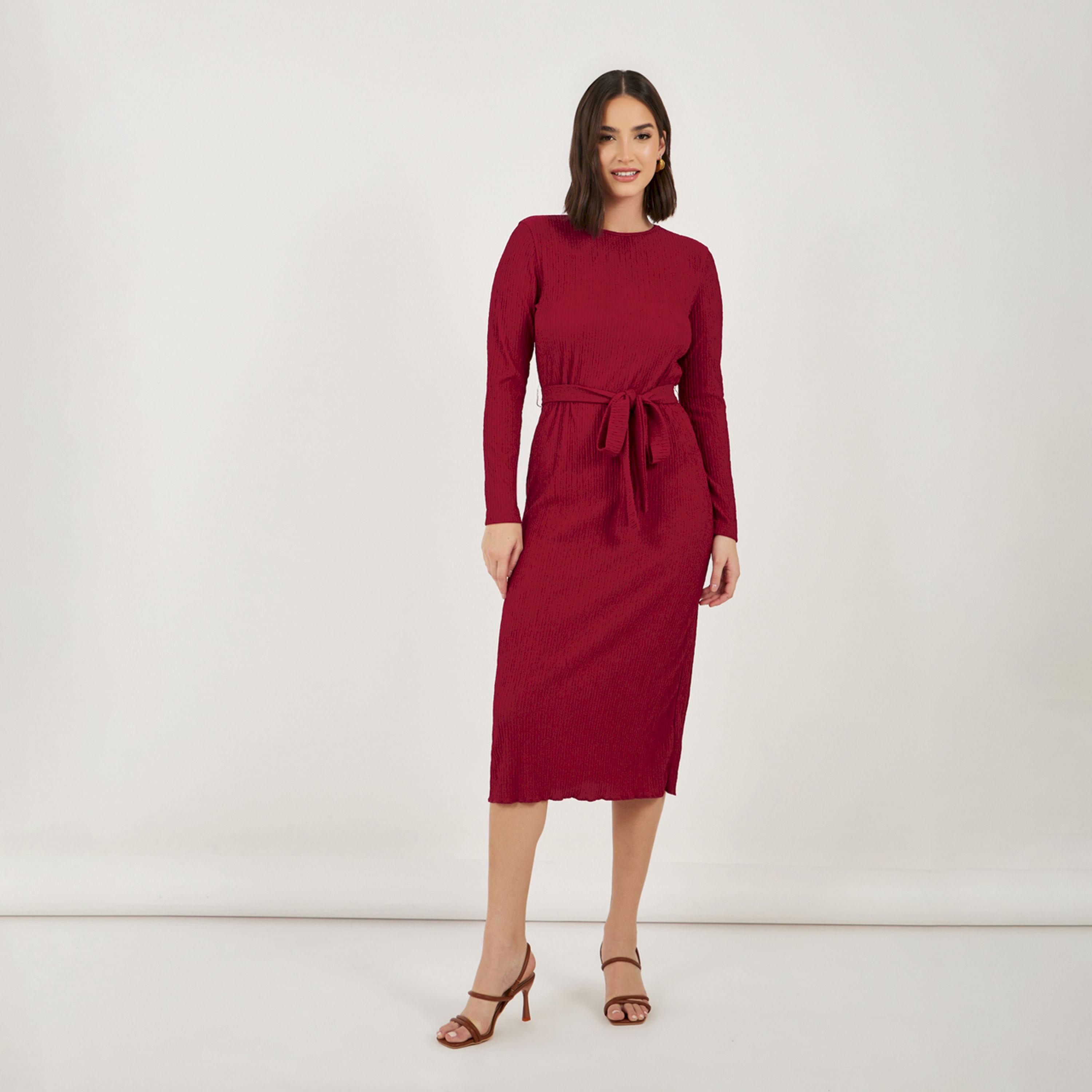 Styli Textured Bodycon Midi Dress with Tie-Belt-women-clothing-dresses-image-1