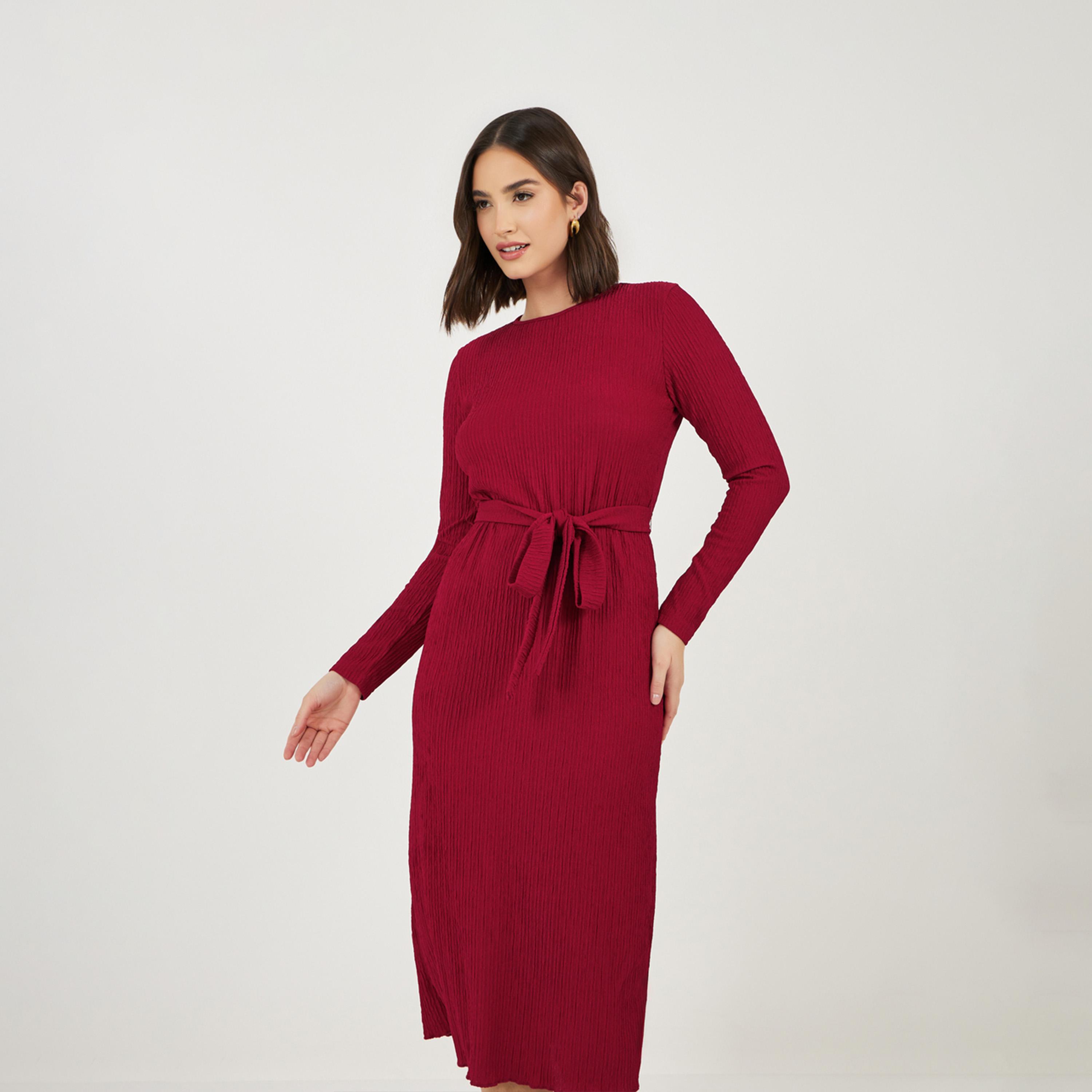 Styli Textured Bodycon Midi Dress with Tie-Belt-women-clothing-dresses-image-2
