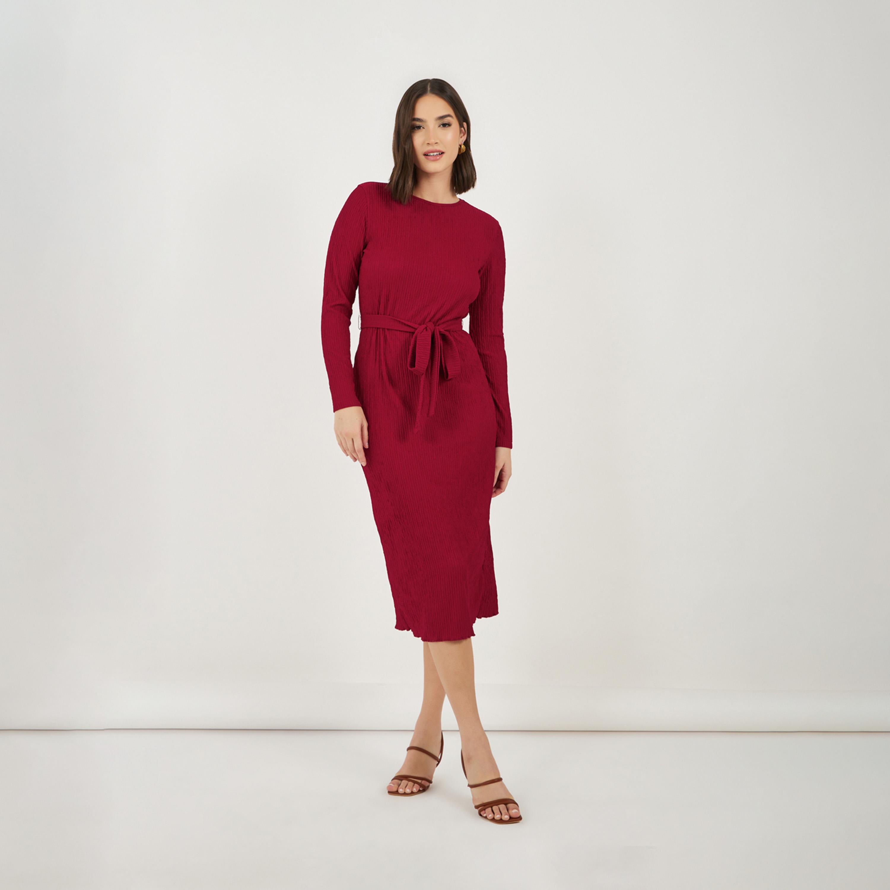 Styli Textured Bodycon Midi Dress with Tie-Belt-women-clothing-dresses-image-4