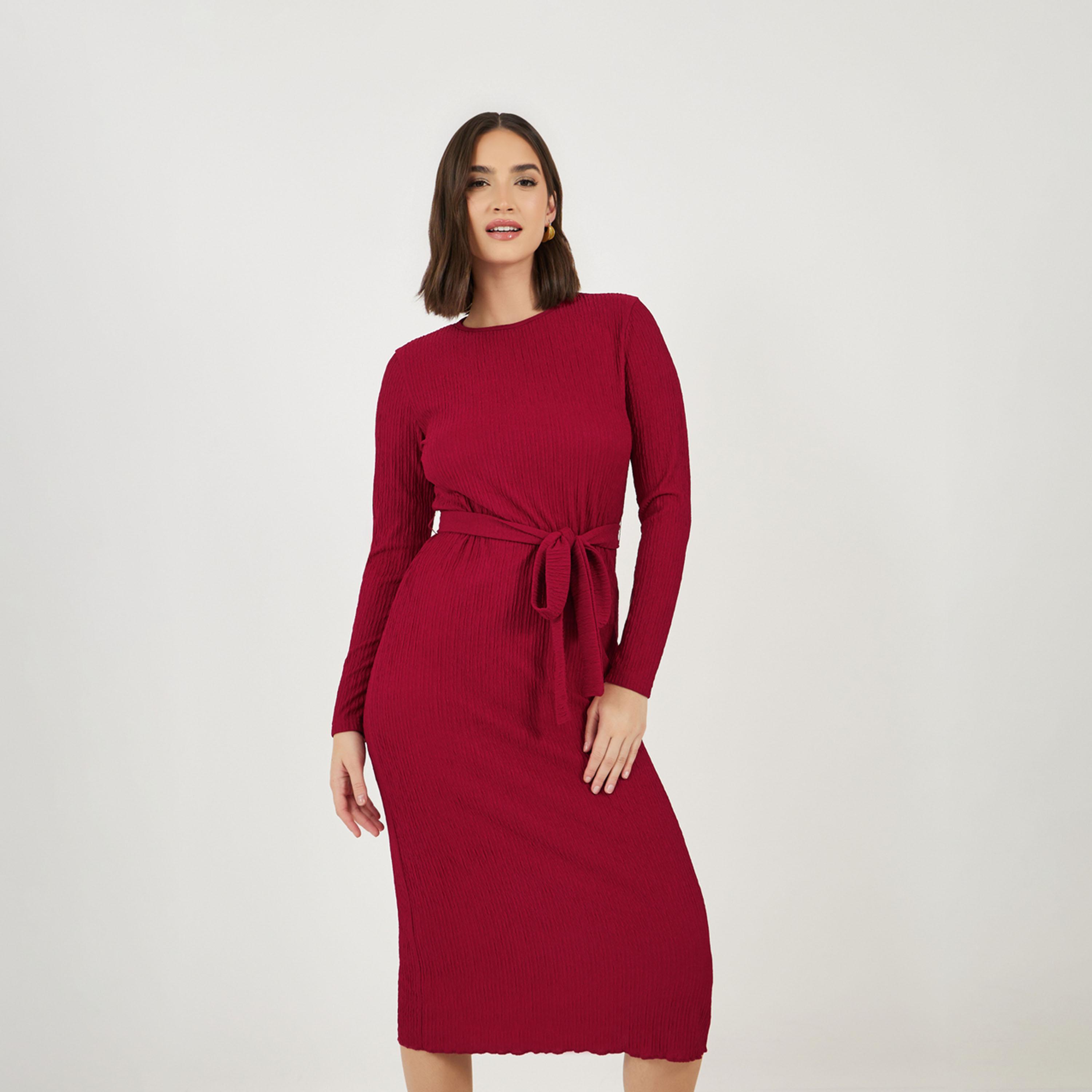 Styli Textured Bodycon Midi Dress with Tie-Belt-women-clothing-dresses-image-5