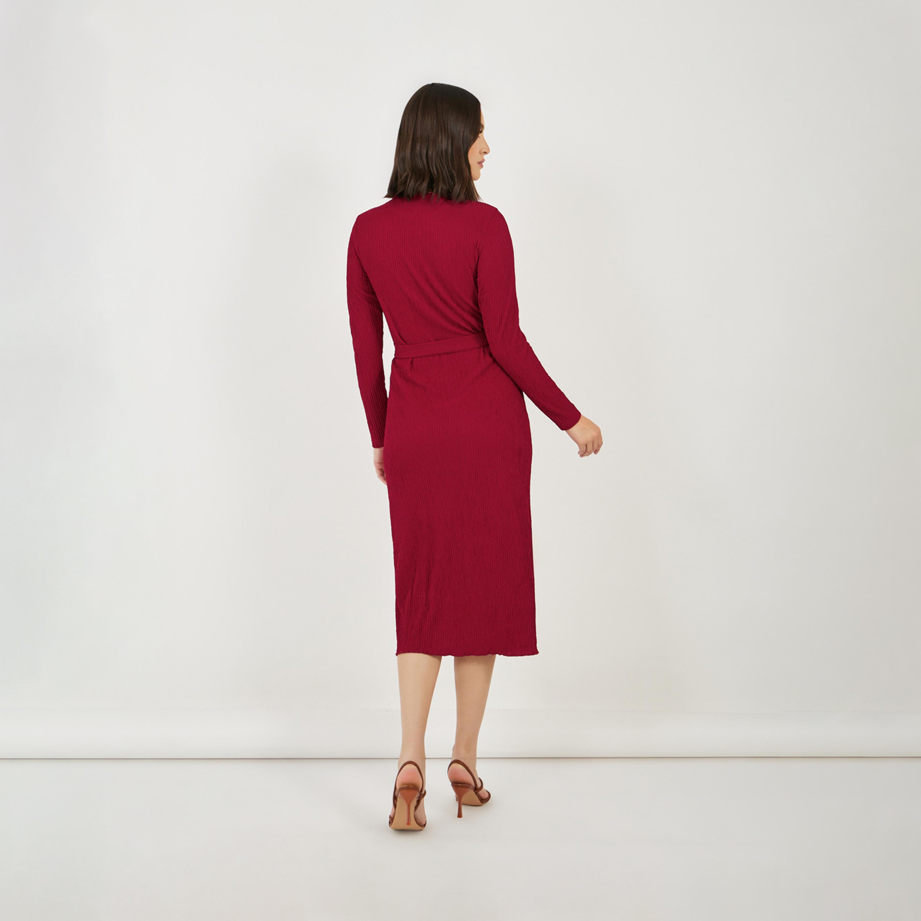 Styli Textured Bodycon Midi Dress with Tie-Belt-women-clothing-dresses-image-6