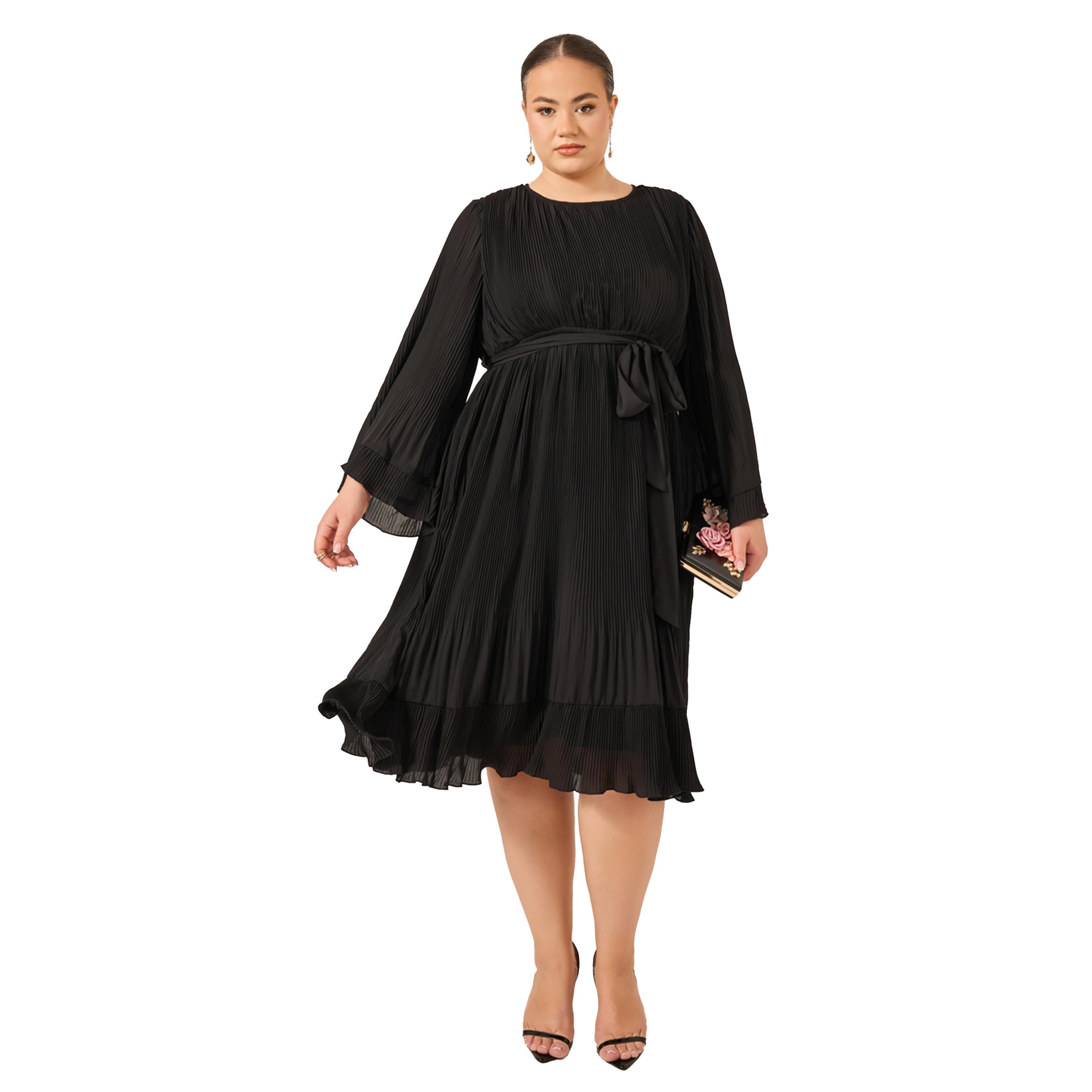 Styli Plus Size Pleated Tie-Waist A-Line Midi Dress-women-clothing-dresses-image-1
