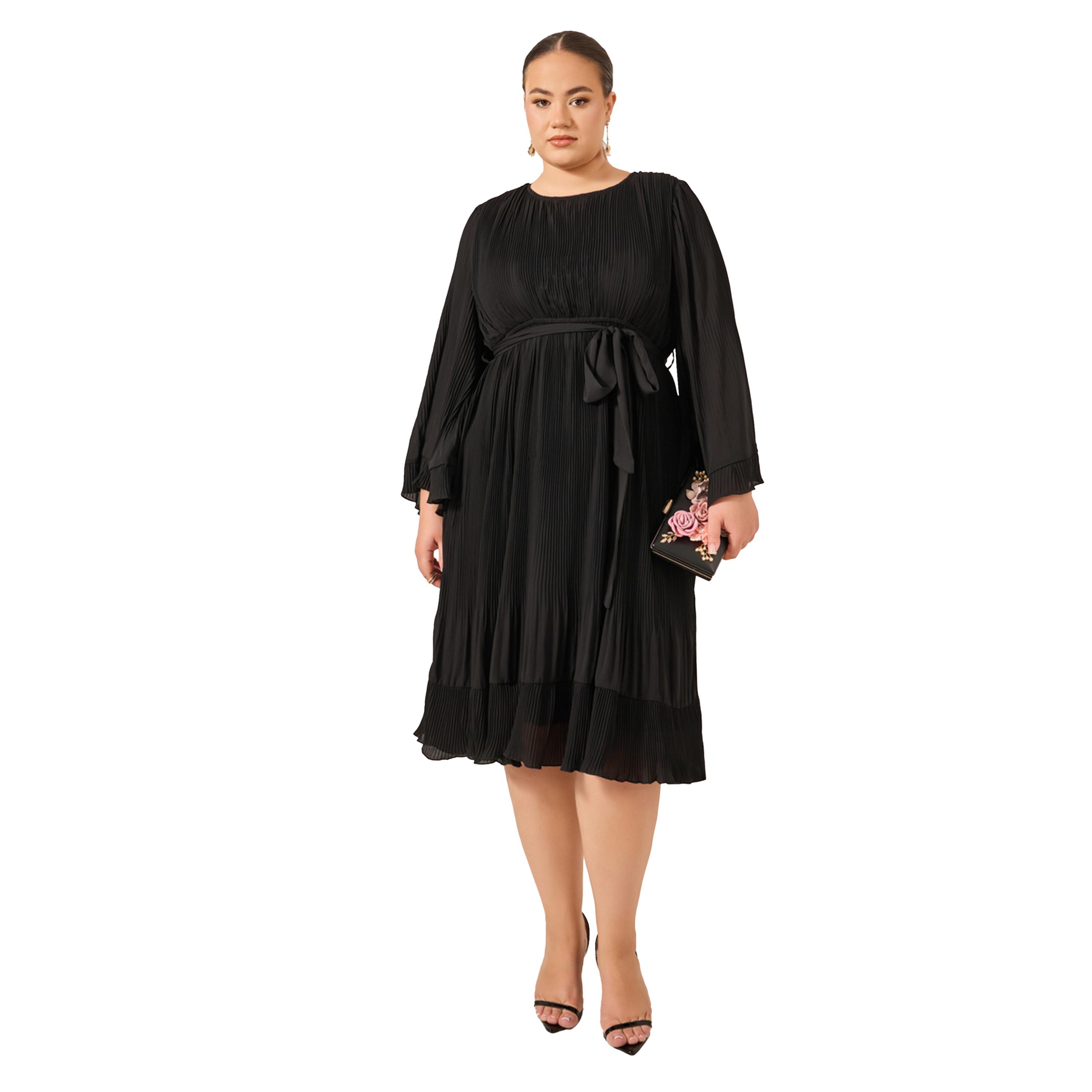 ستايلي - فستان ميدي بقصة A مع رباط على الخصر، مقاس كبير-women-clothing-dresses-image-2