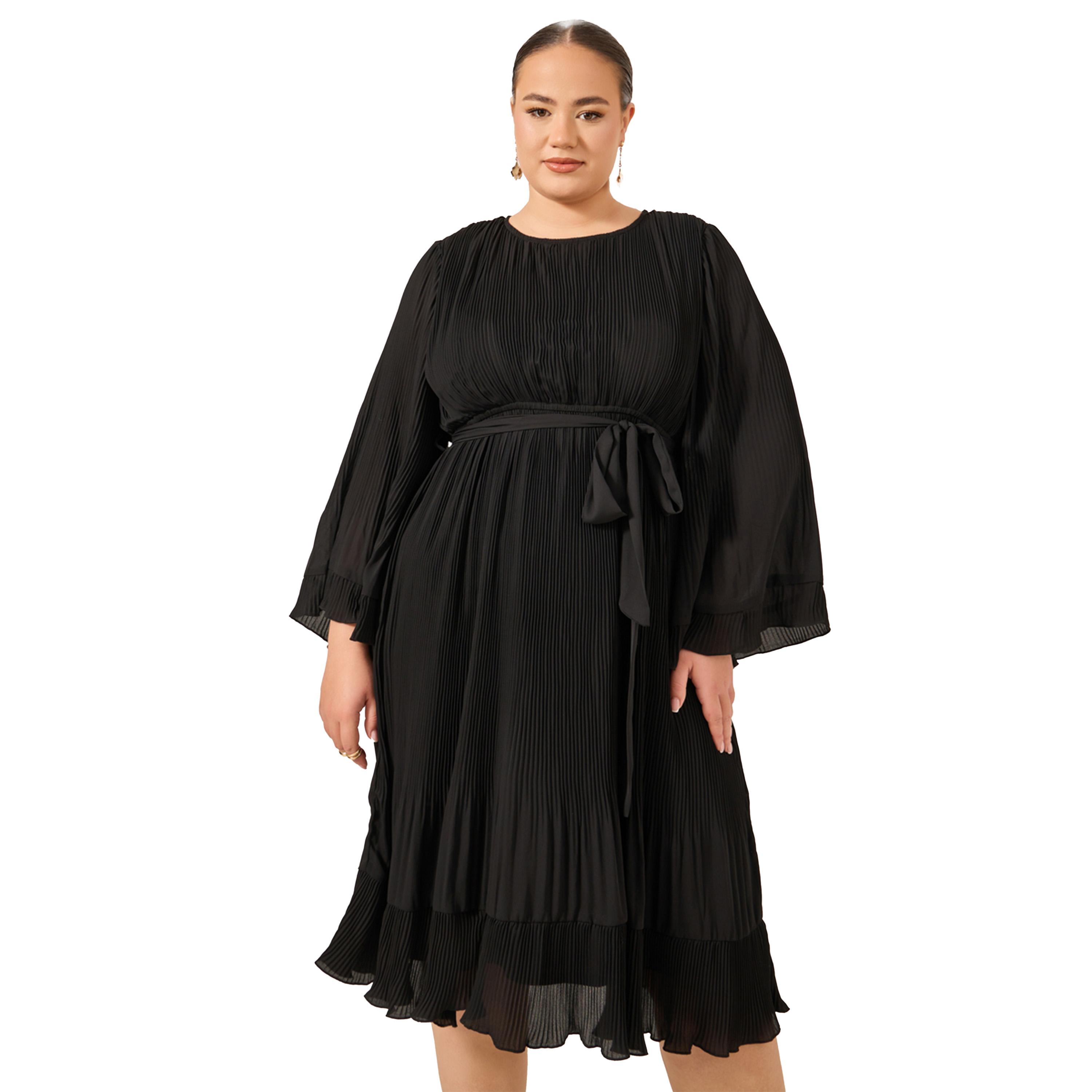 Styli Plus Size Pleated Tie-Waist A-Line Midi Dress-women-clothing-dresses-image-3