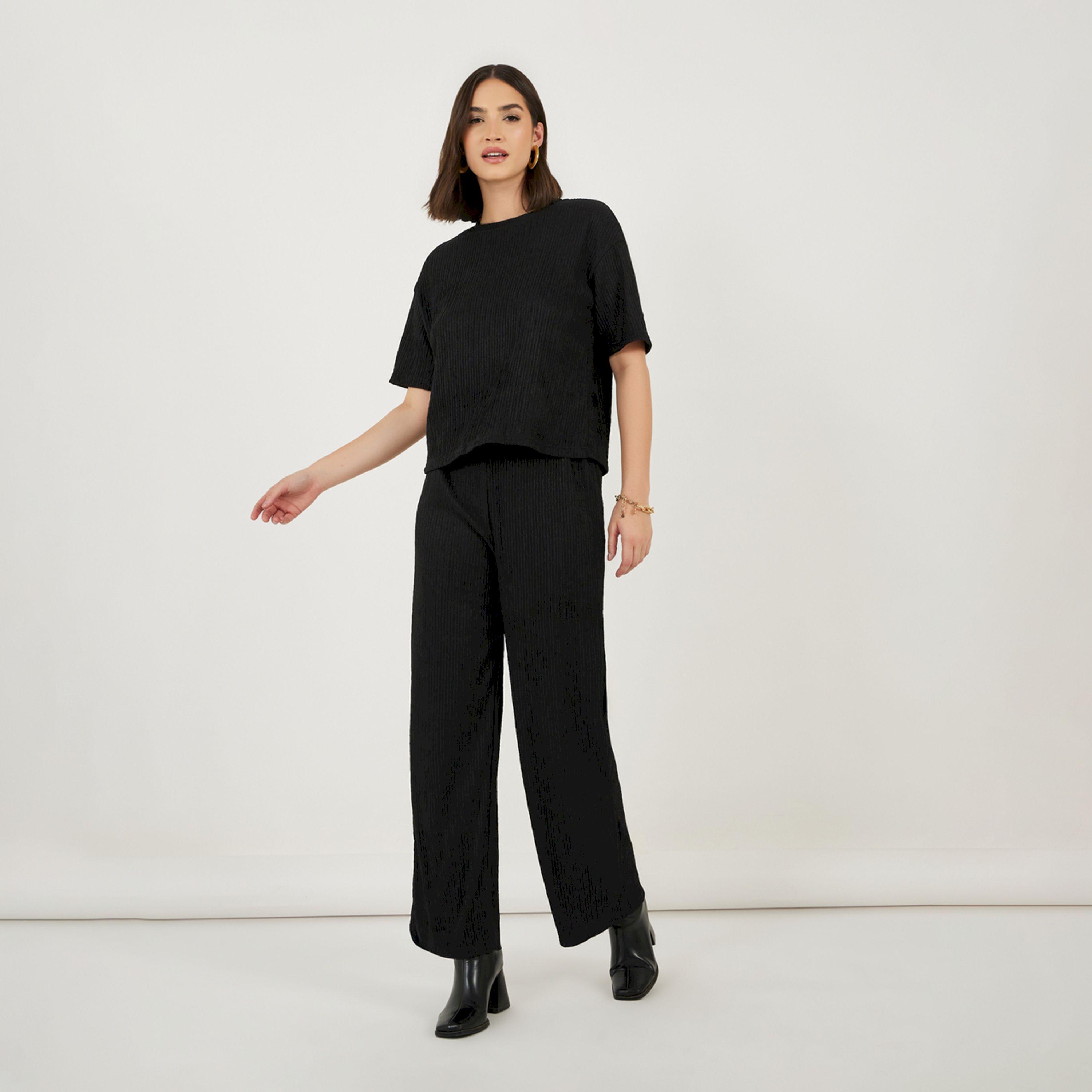 Styli Textured Boxy T-Shirt & Wide Leg Pants Co-Ords-women-clothing-coordsets-image-1