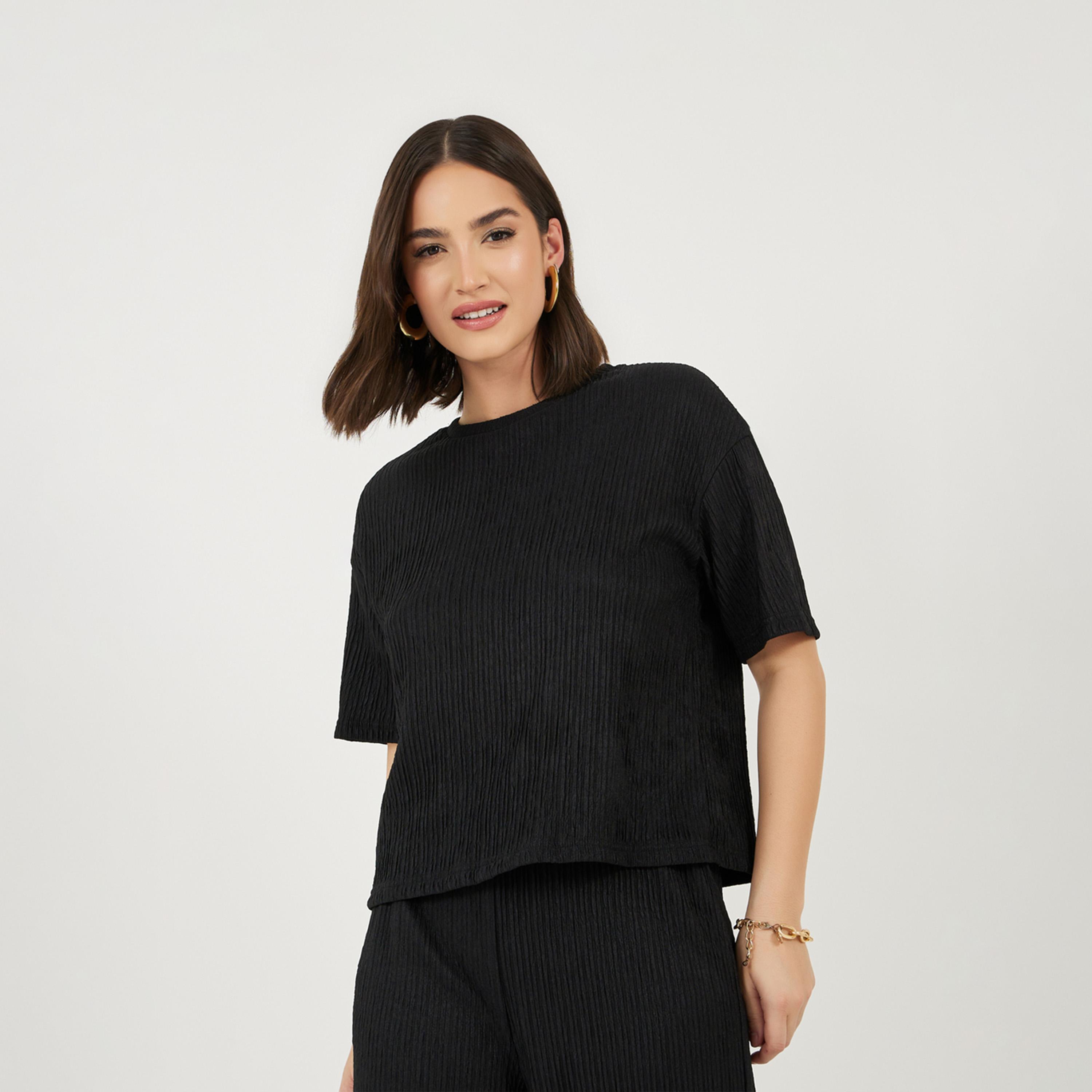 Styli Textured Boxy T-Shirt & Wide Leg Pants Co-Ords-women-clothing-coordsets-image-2