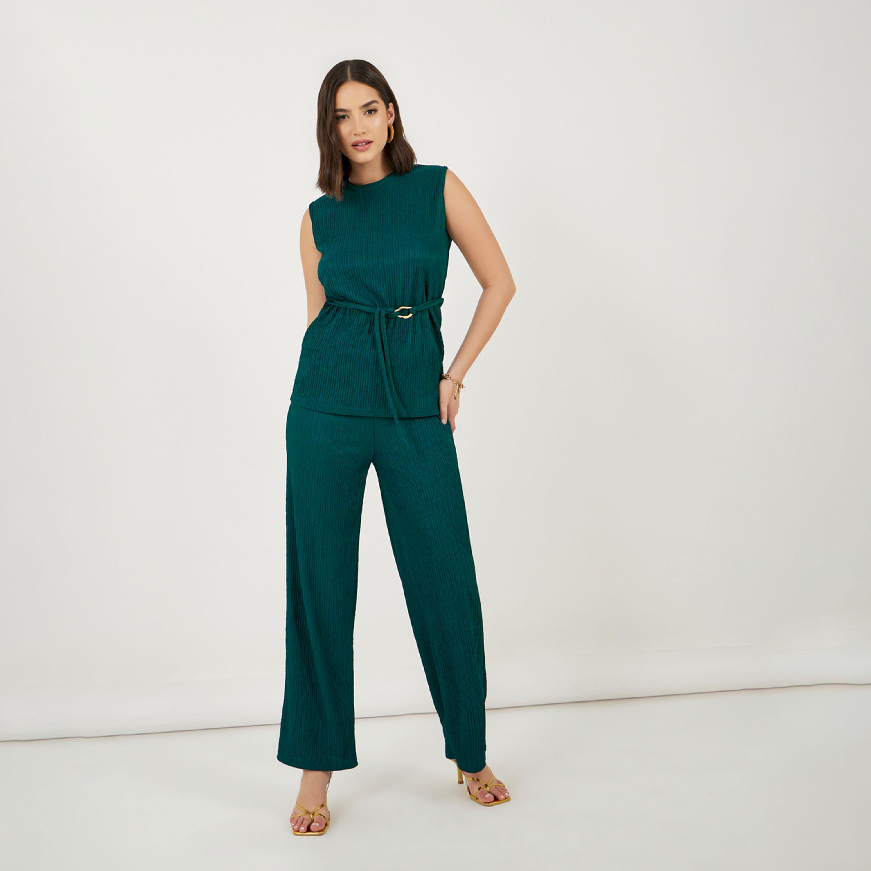 ستايلي - طقم بلوزة محبوكة بدون أكمام مع بنطال بقصة مستقيمة-women-clothing-coordsets-image-1
