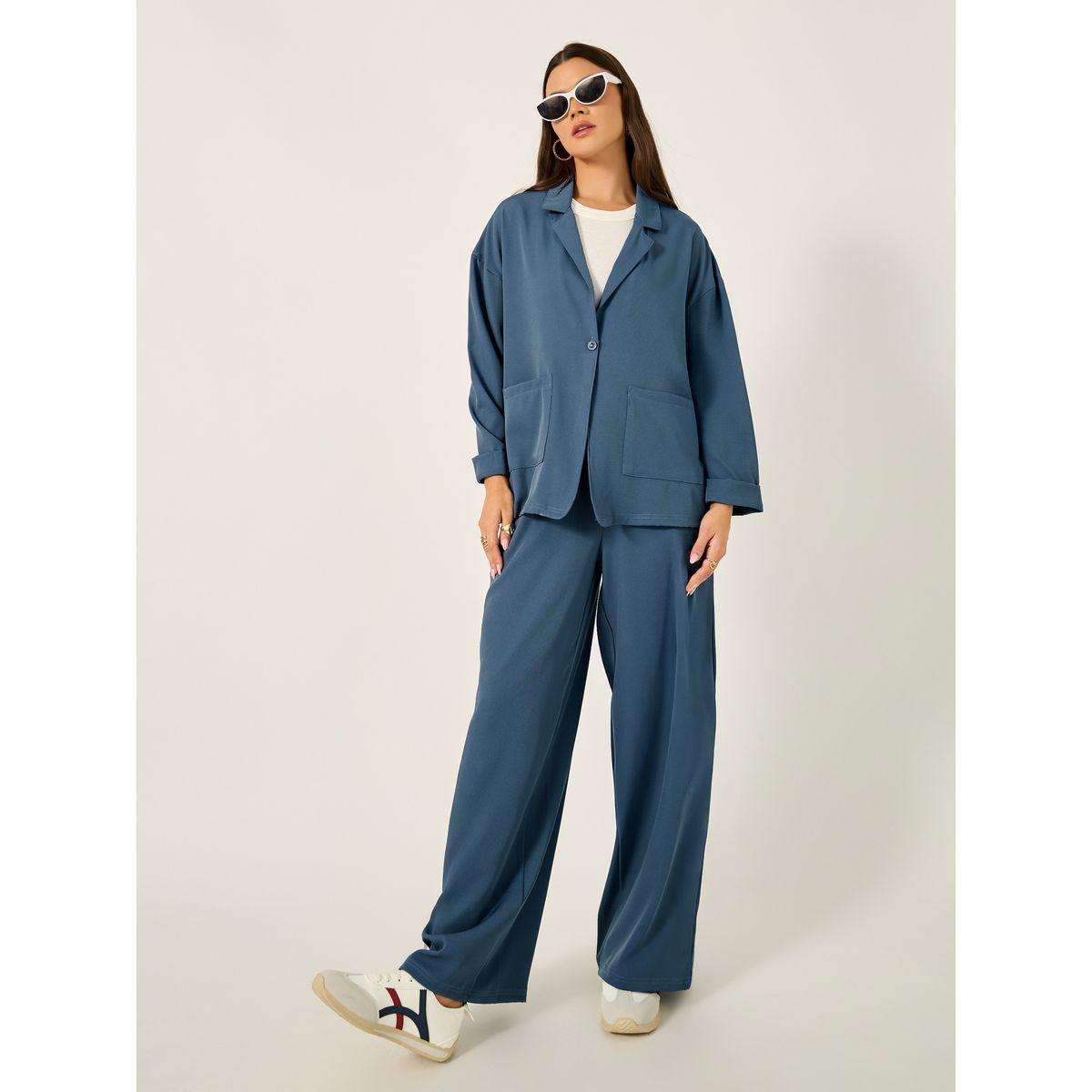 طقم منسق من بنطال مع بليزر سادة فضفاض-women-clothing-coordsets-image-6