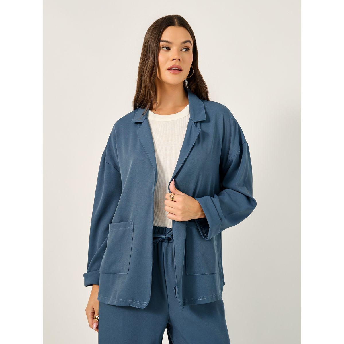 طقم منسق من بنطال مع بليزر سادة فضفاض-women-clothing-coordsets-image-3