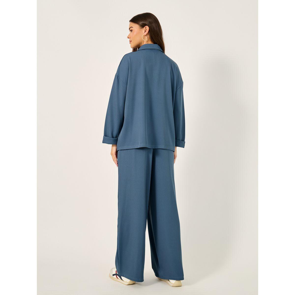 طقم منسق من بنطال مع بليزر سادة فضفاض-women-clothing-coordsets-image-1