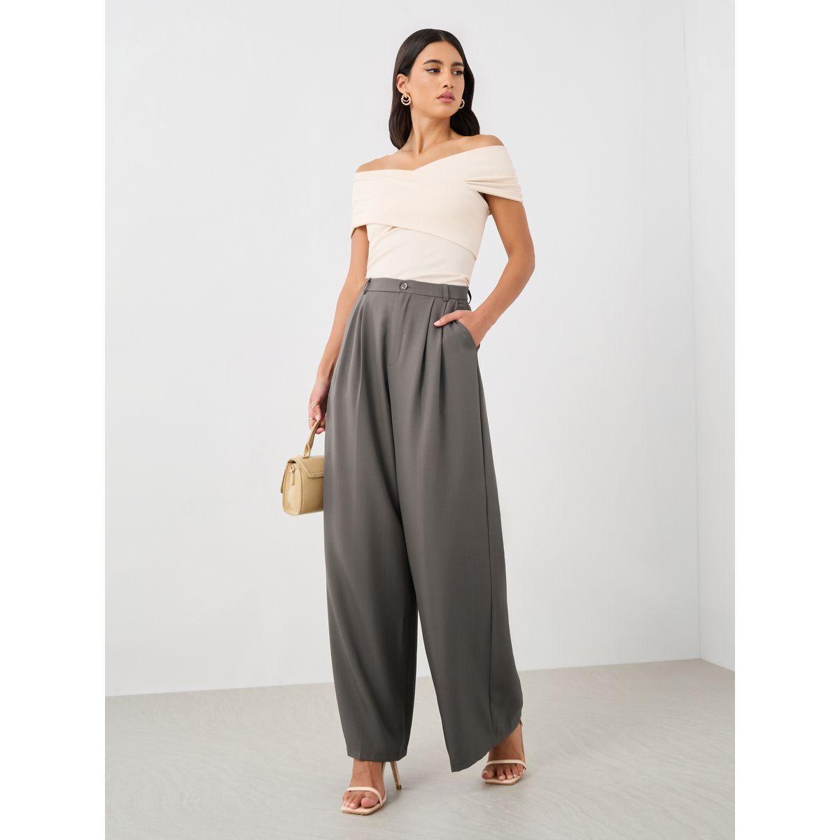 بنطال بقصة مستقيمة وخصر متوسط مع كسرات-women-clothing-bottoms-trousers-image-1