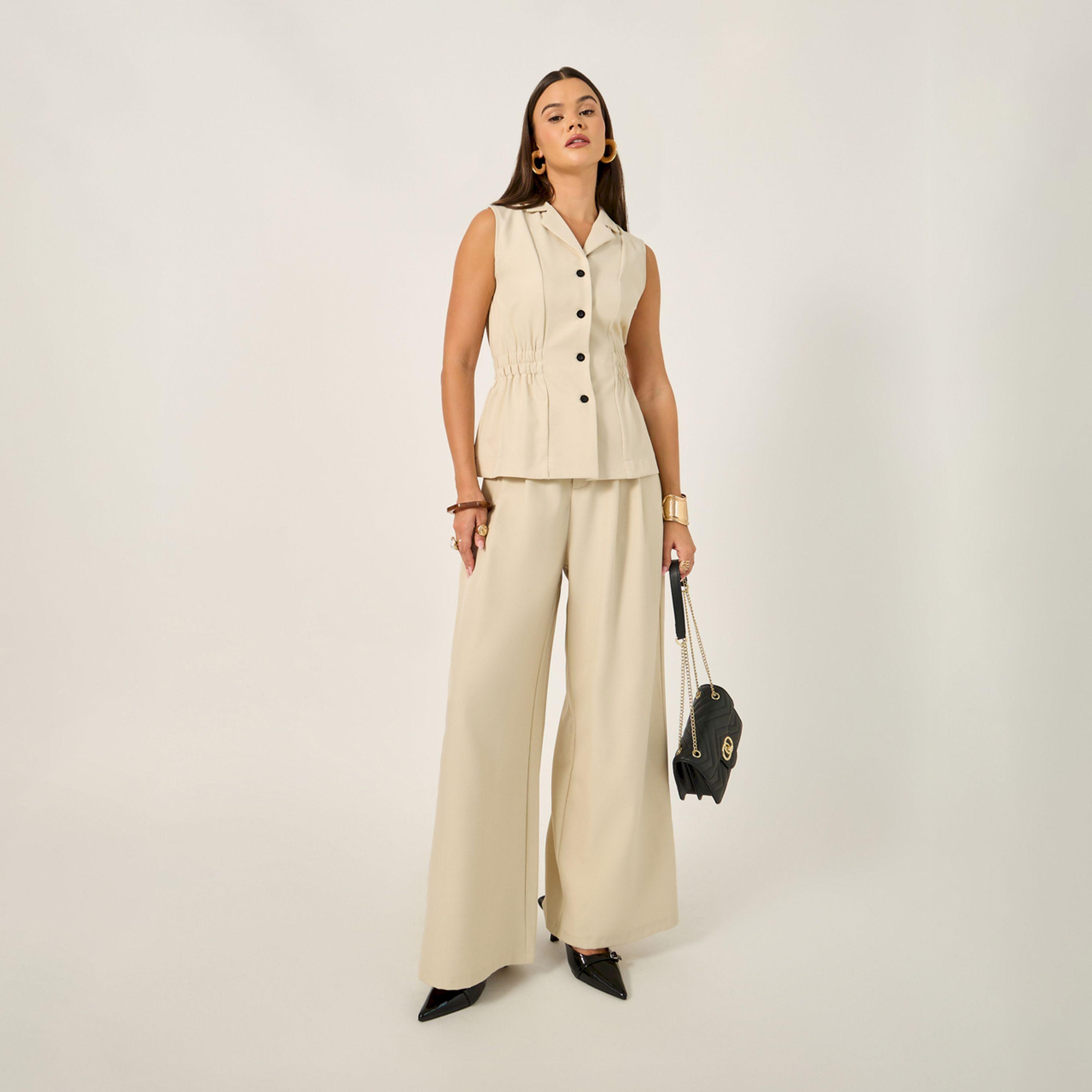 ستايلي - بنطال واسع الساق بخصر مرتفع وثنية أمامية-women-clothing-bottoms-trousers-image-1