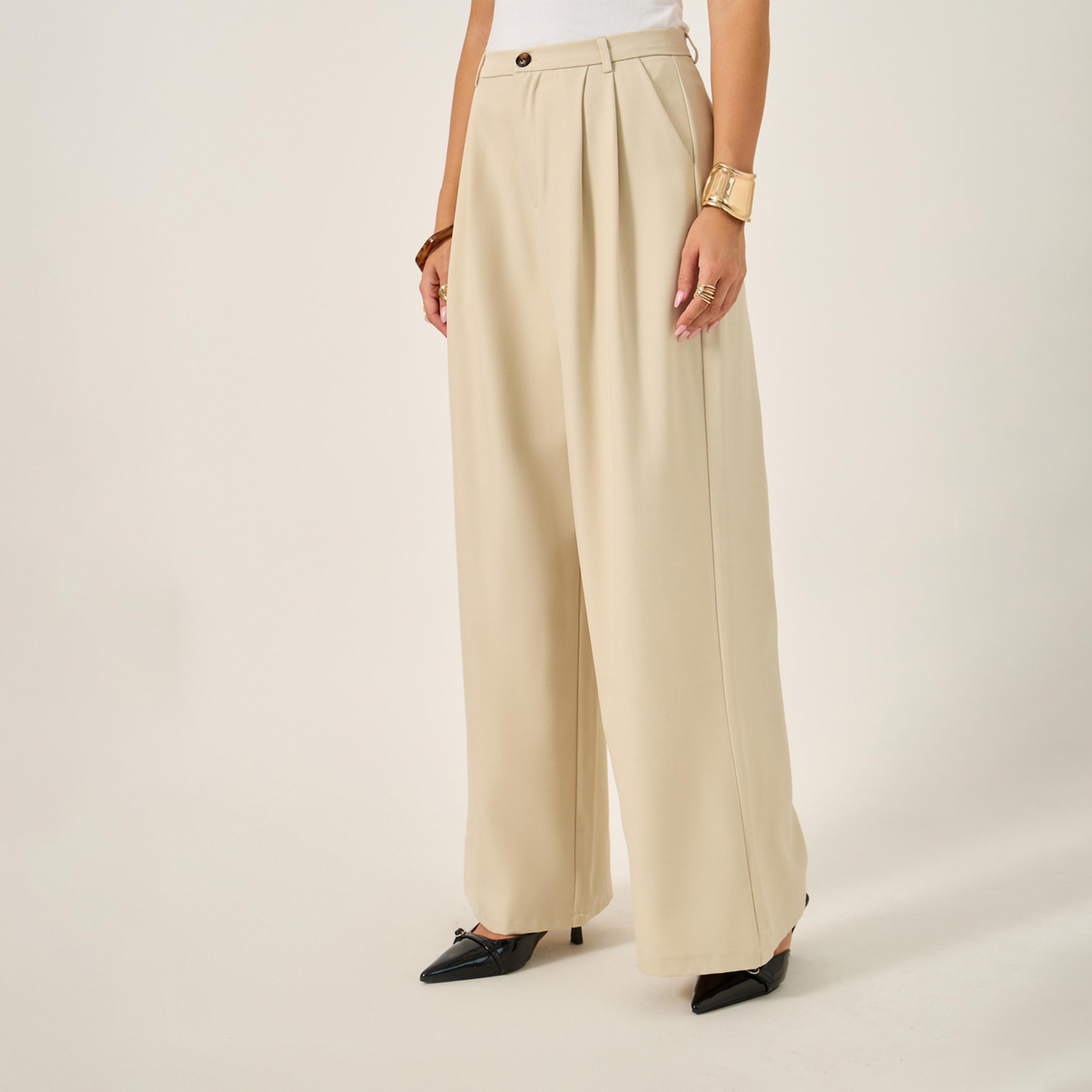 ستايلي - بنطال واسع الساق بخصر مرتفع وثنية أمامية-women-clothing-bottoms-trousers-image-2