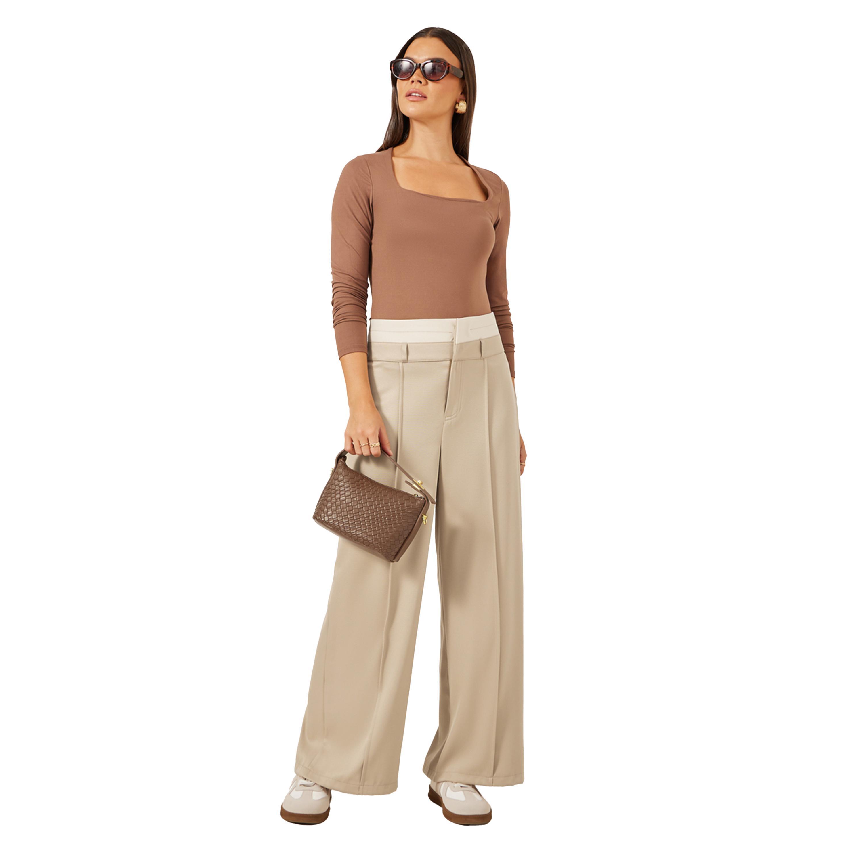 ستايلي - بنطال بيج بحزام خصر مزدوج وساق واسعة مع تفاصيل كسرة-women-clothing-bottoms-trousers-image-1
