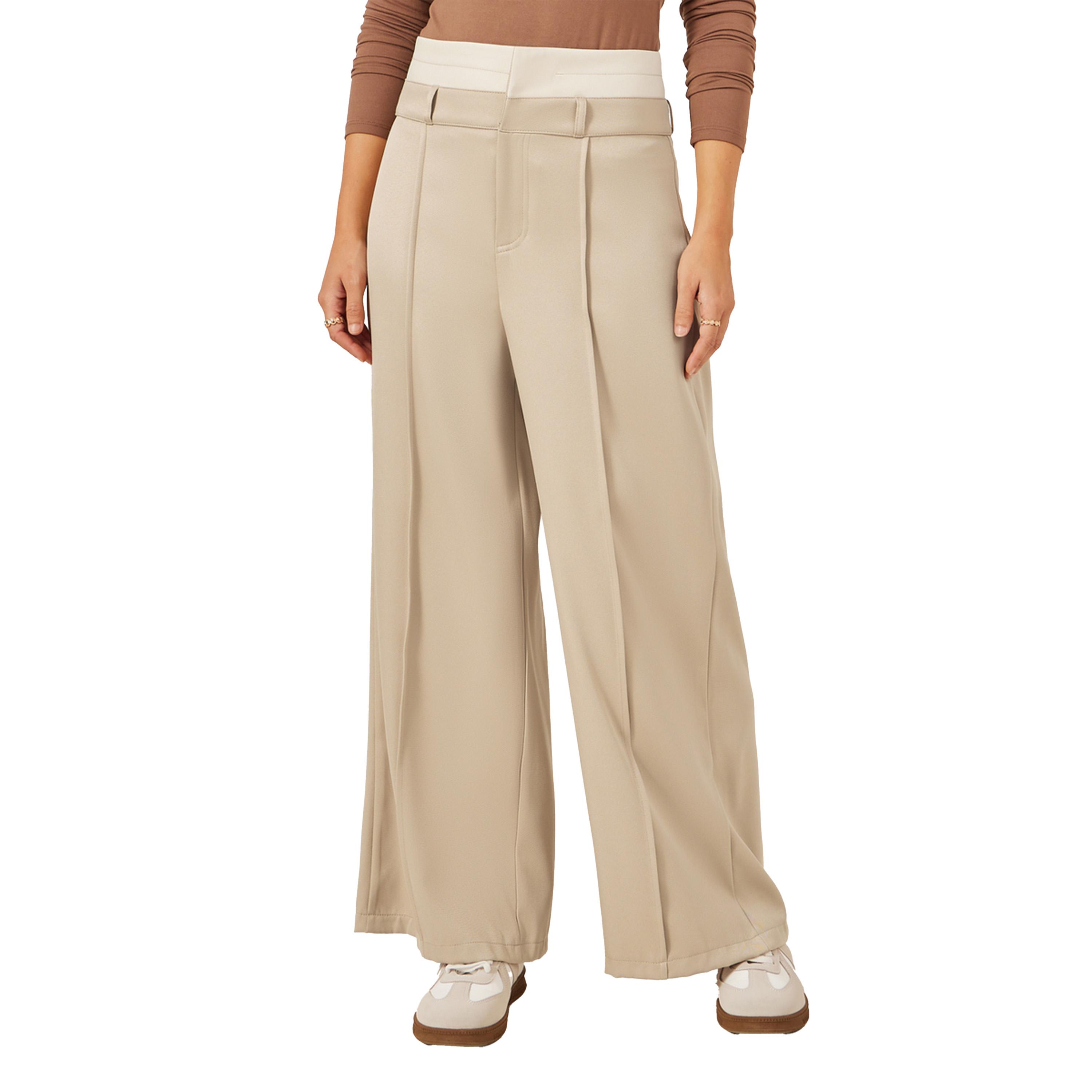 ستايلي - بنطال بيج بحزام خصر مزدوج وساق واسعة مع تفاصيل كسرة-women-clothing-bottoms-trousers-image-2