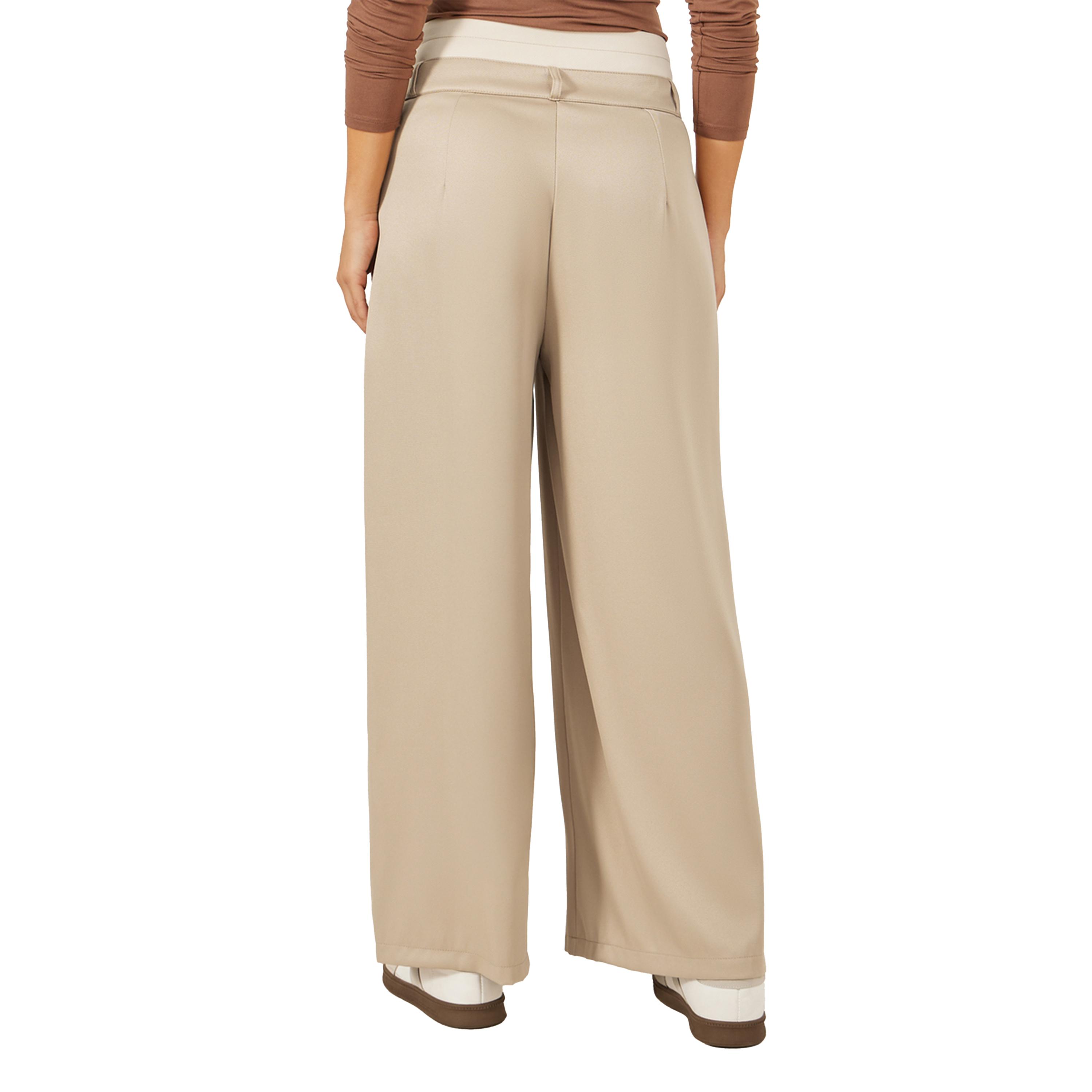 ستايلي - بنطال بيج بحزام خصر مزدوج وساق واسعة مع تفاصيل كسرة-women-clothing-bottoms-trousers-image-4