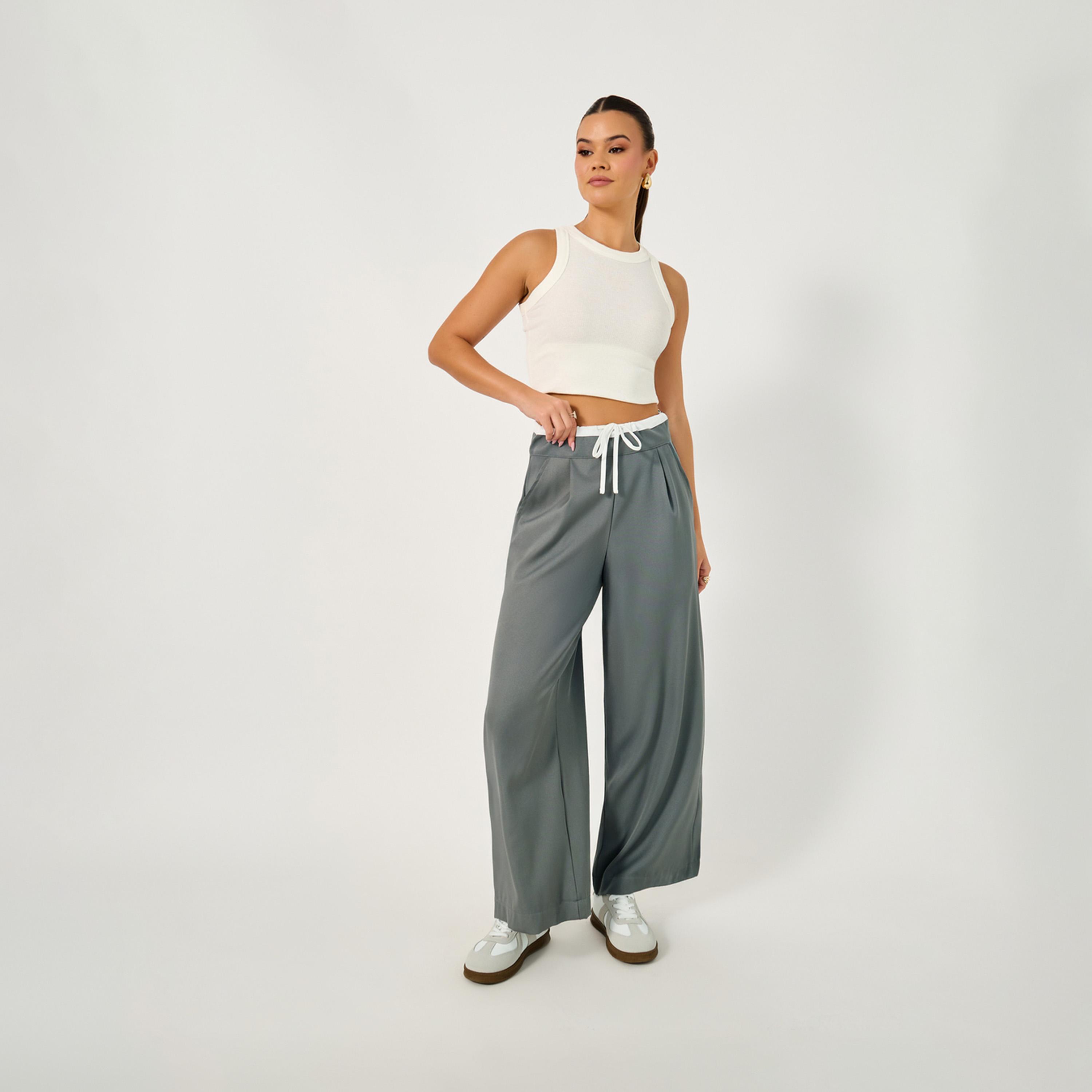 Styli Wide Leg Pants With Contrast Drawstring Waistband-women-clothing-bottoms-trousers-image-1