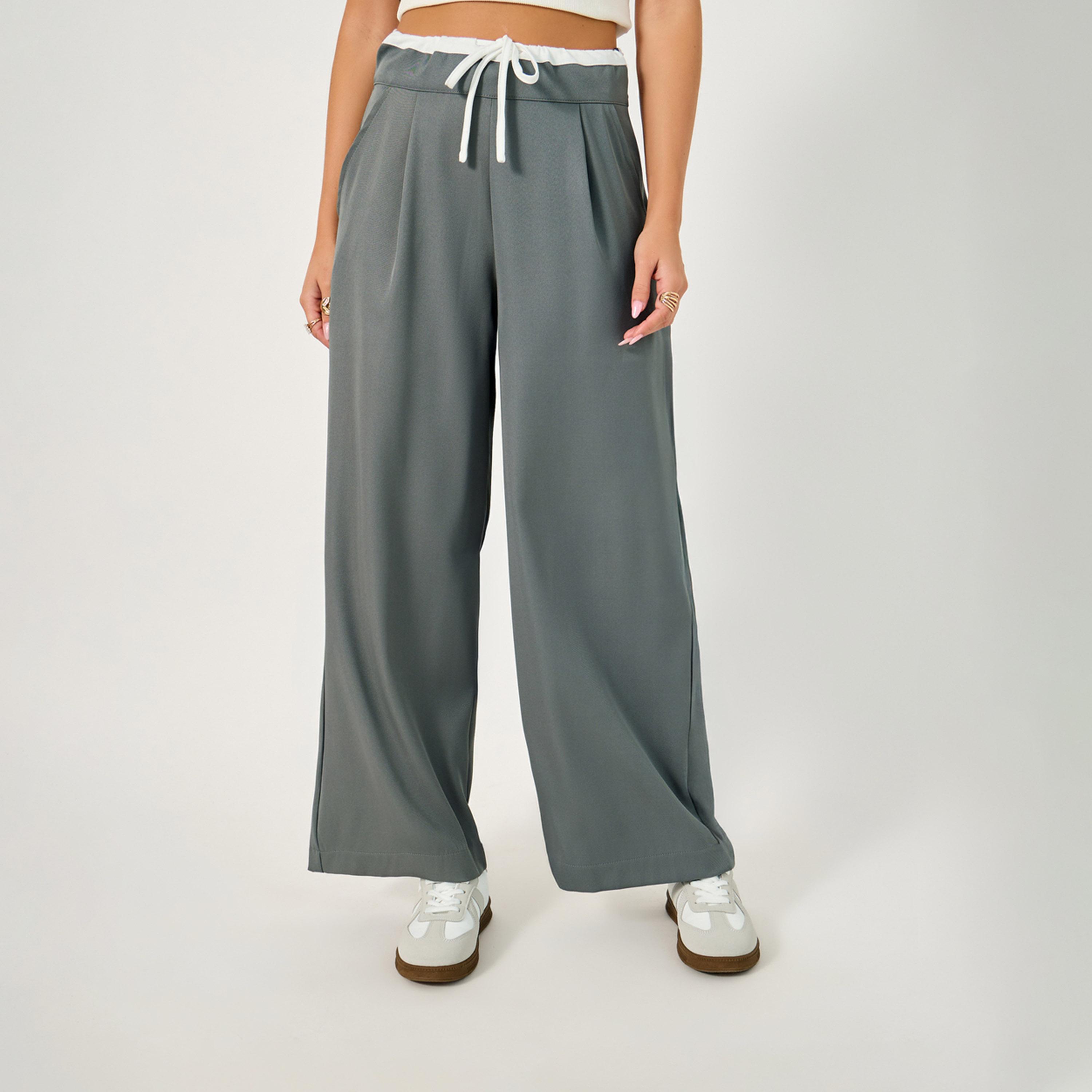 ستايلي - بنطال واسع الساق مع حزام خصر برباط متباين اللون-women-clothing-bottoms-trousers-image-2