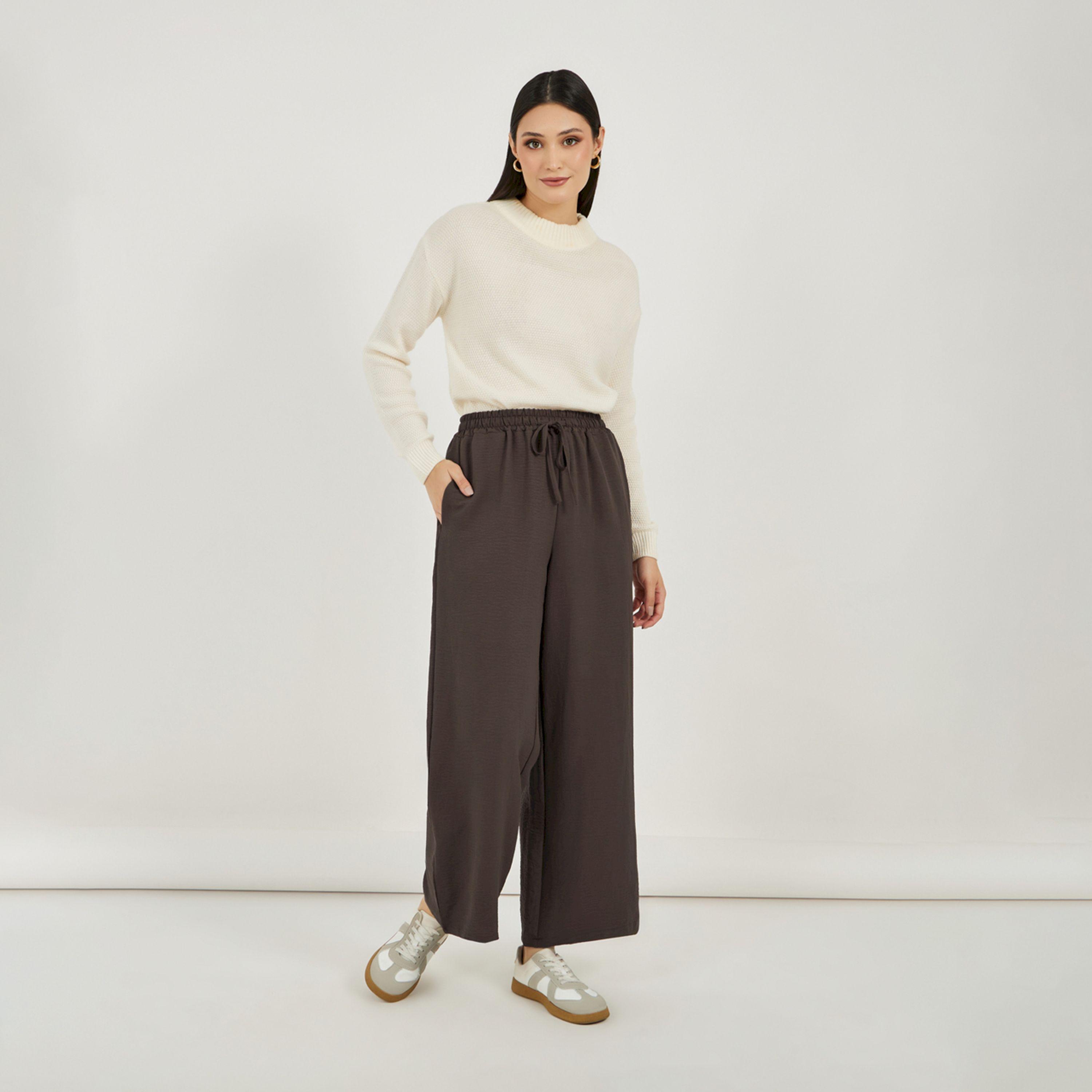 Styli Textured Wide Leg Pants with Elasticated Waistband & Drawcord-women-clothing-bottoms-trousers-image-1