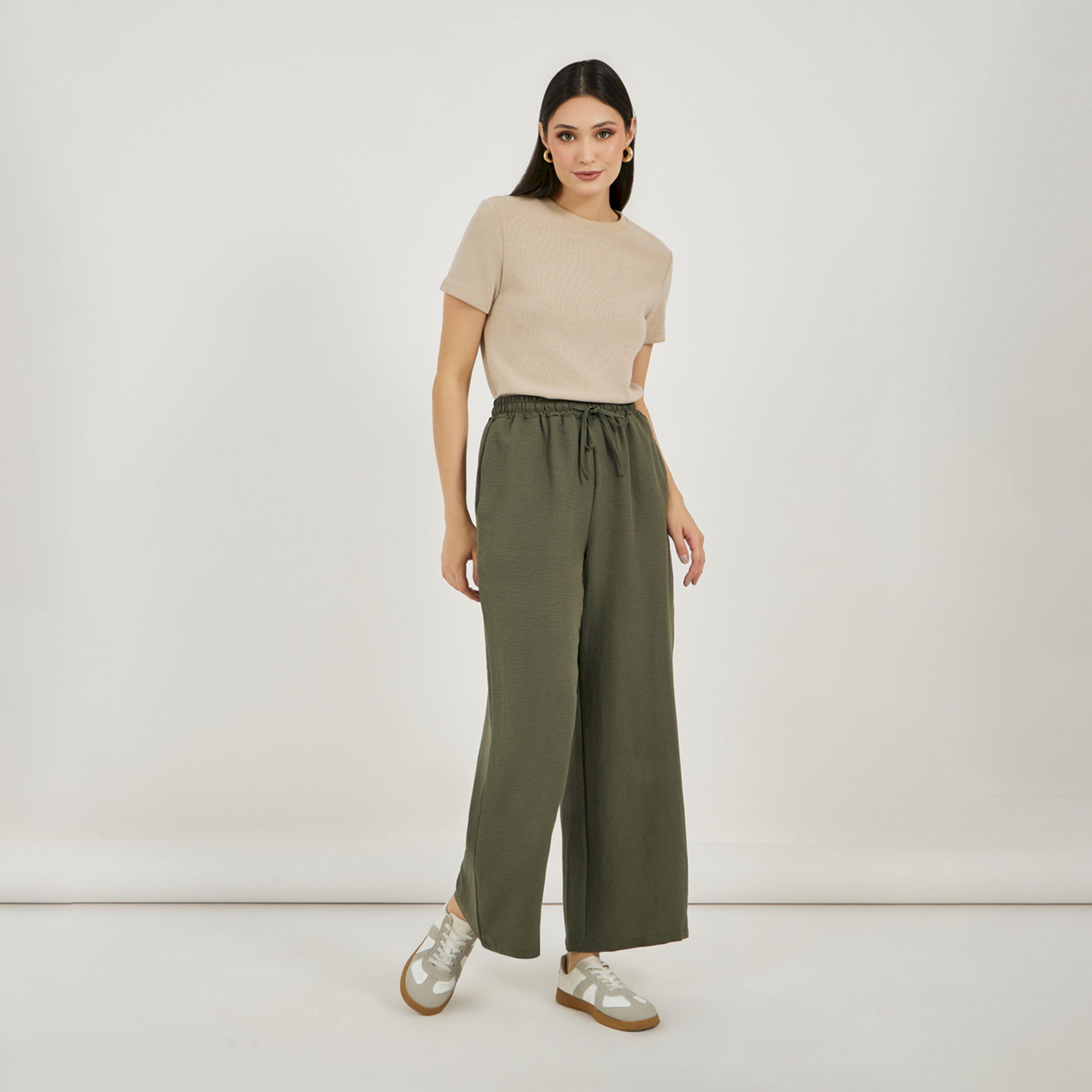 ستايلي - بنطال واسع الساق بحزام خصر مطاطي ورباط سحب-women-clothing-bottoms-trousers-image-1