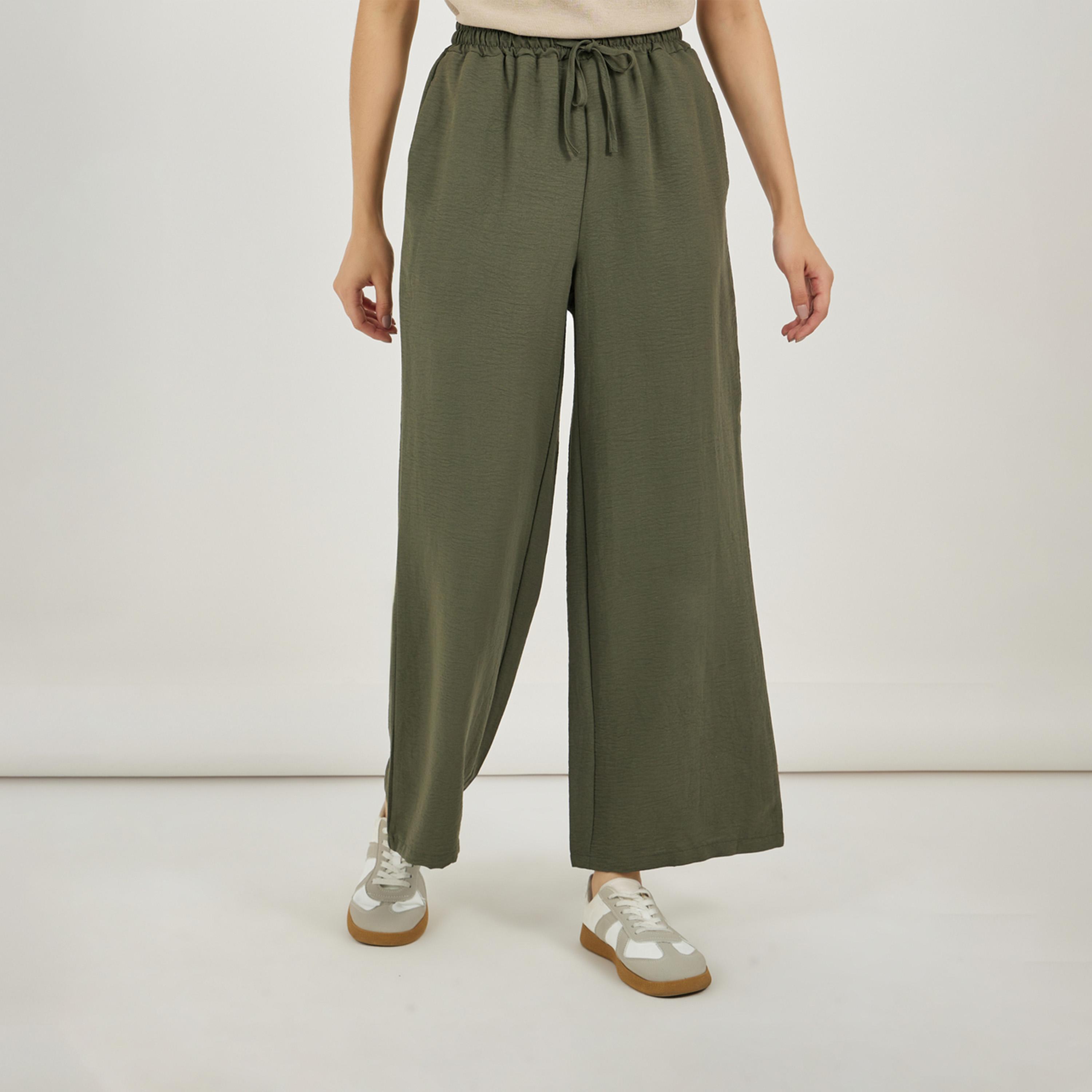 ستايلي - بنطال واسع الساق بحزام خصر مطاطي ورباط سحب-women-clothing-bottoms-trousers-image-2