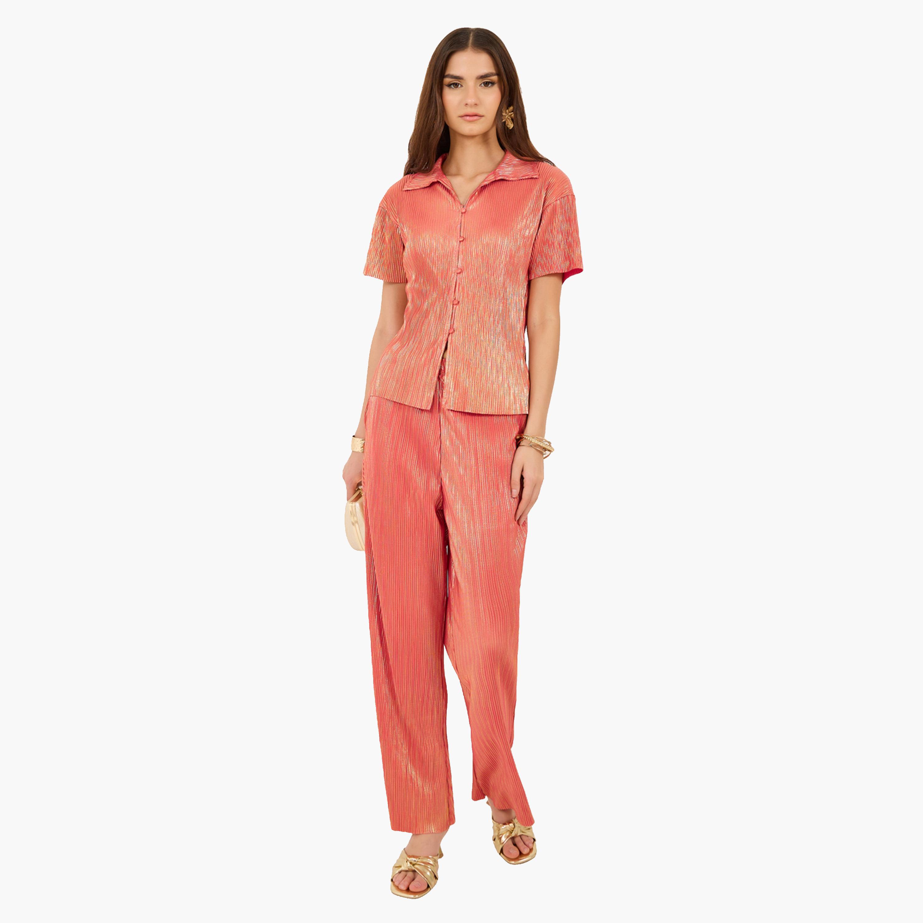 Styli Plisse Short Sleeve Shirt and Pants Co-Ords-women-clothing-coordsets-image-1