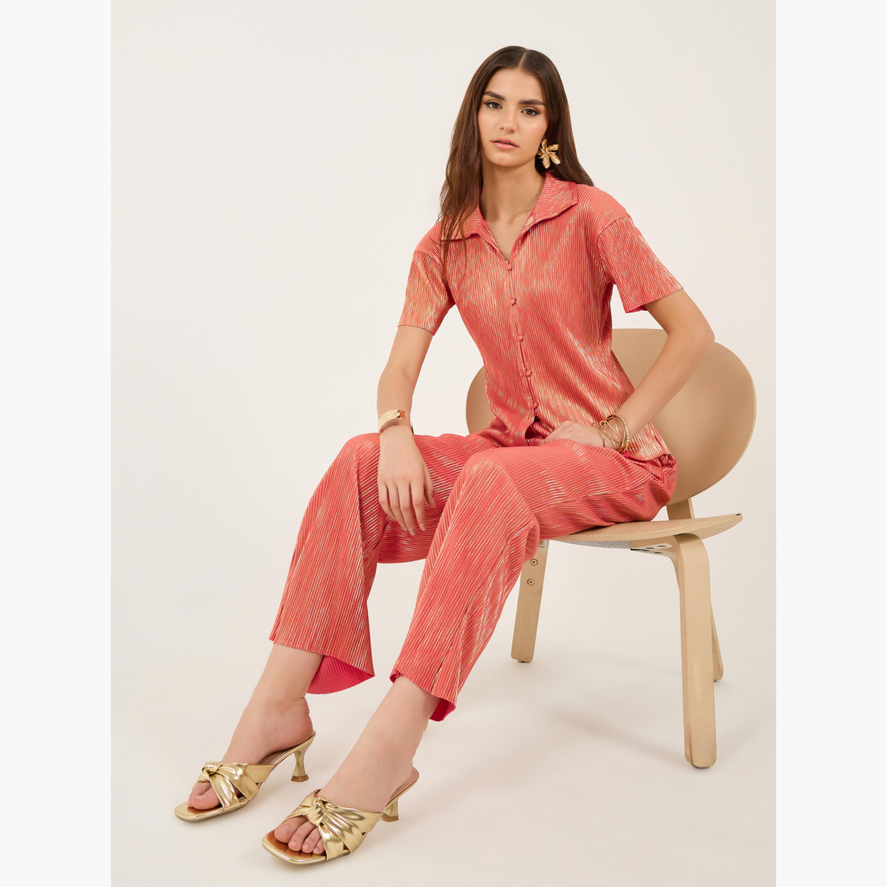 Styli Plisse Short Sleeve Shirt and Pants Co-Ords-women-clothing-coordsets-image-2
