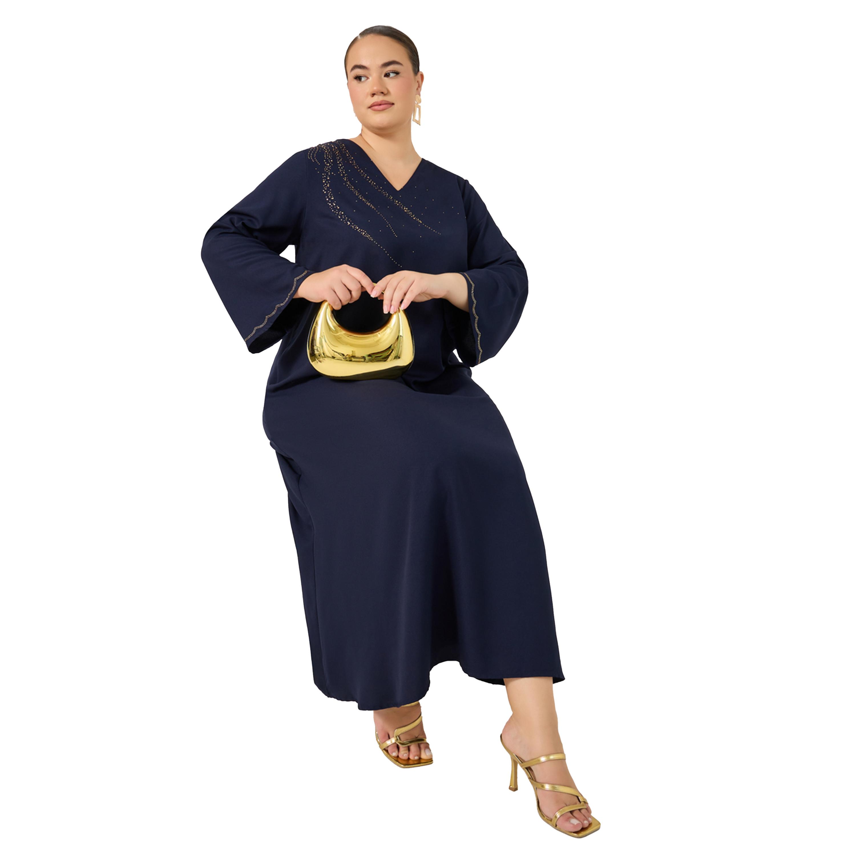 Styli Plus Size Rhinestone Embellished V Neck Jalabiya-women-arabicclothing-jalabiyas-image-1