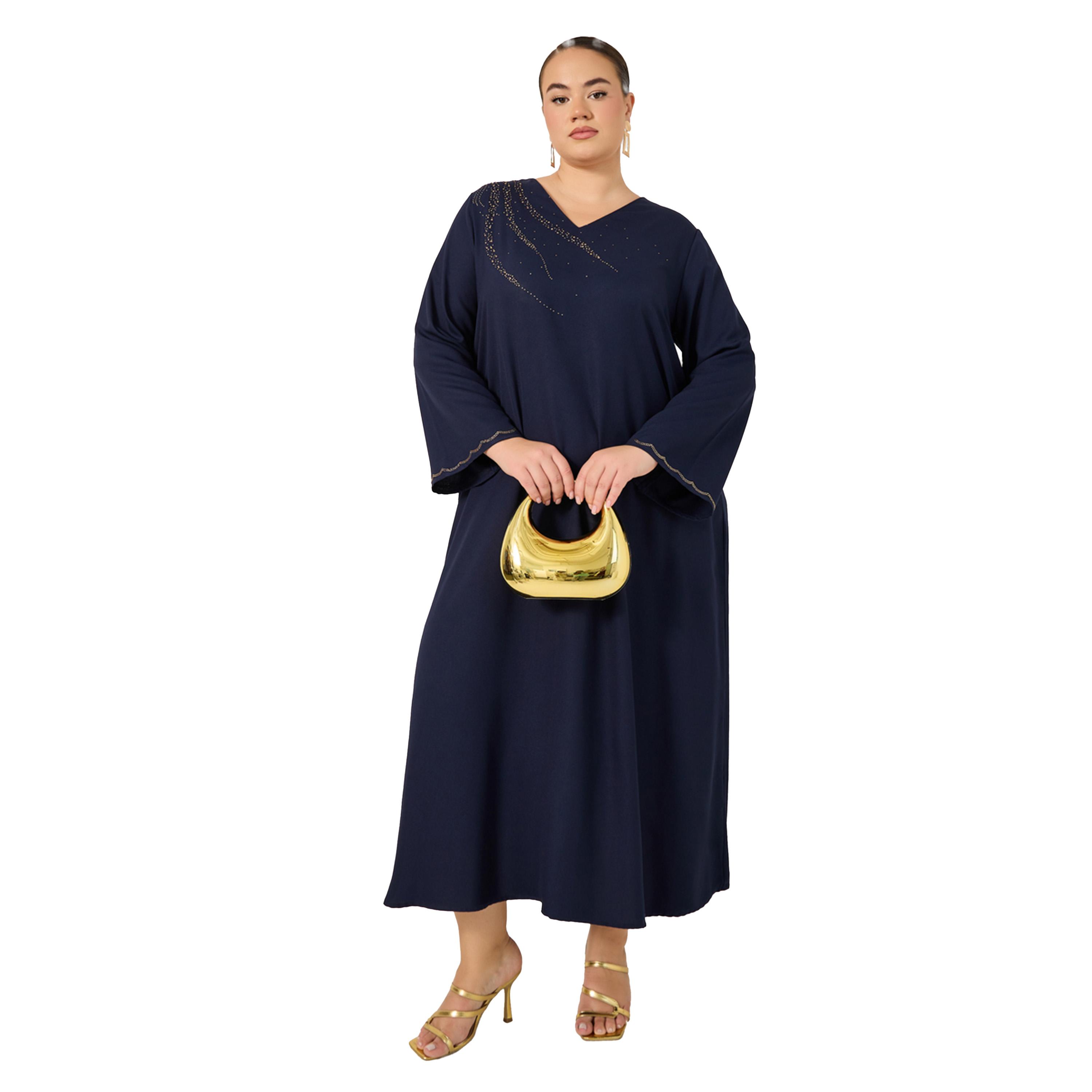 Styli Plus Size Rhinestone Embellished V Neck Jalabiya-women-arabicclothing-jalabiyas-image-2
