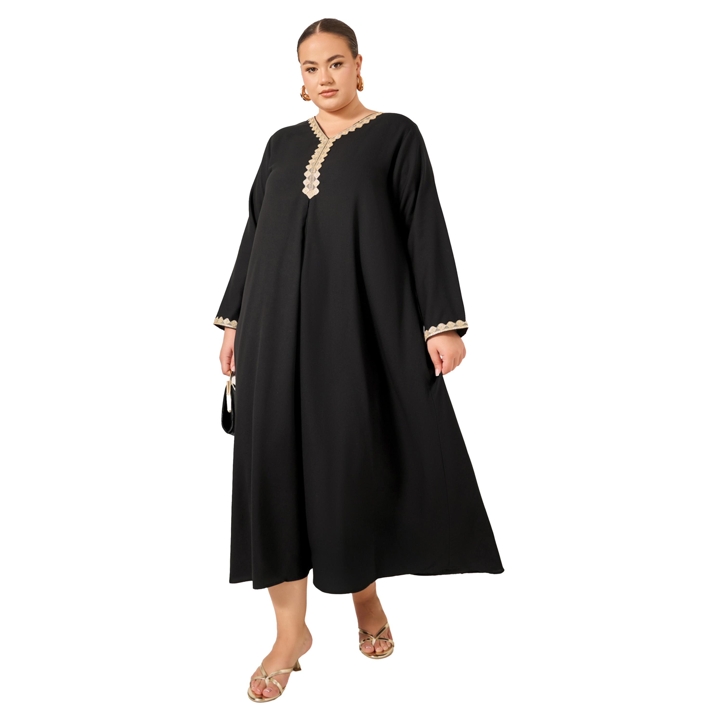 Styli Plus Size Lace Detail V Neck Flared Hem Jalabiya-women-arabicclothing-jalabiyas-image-1