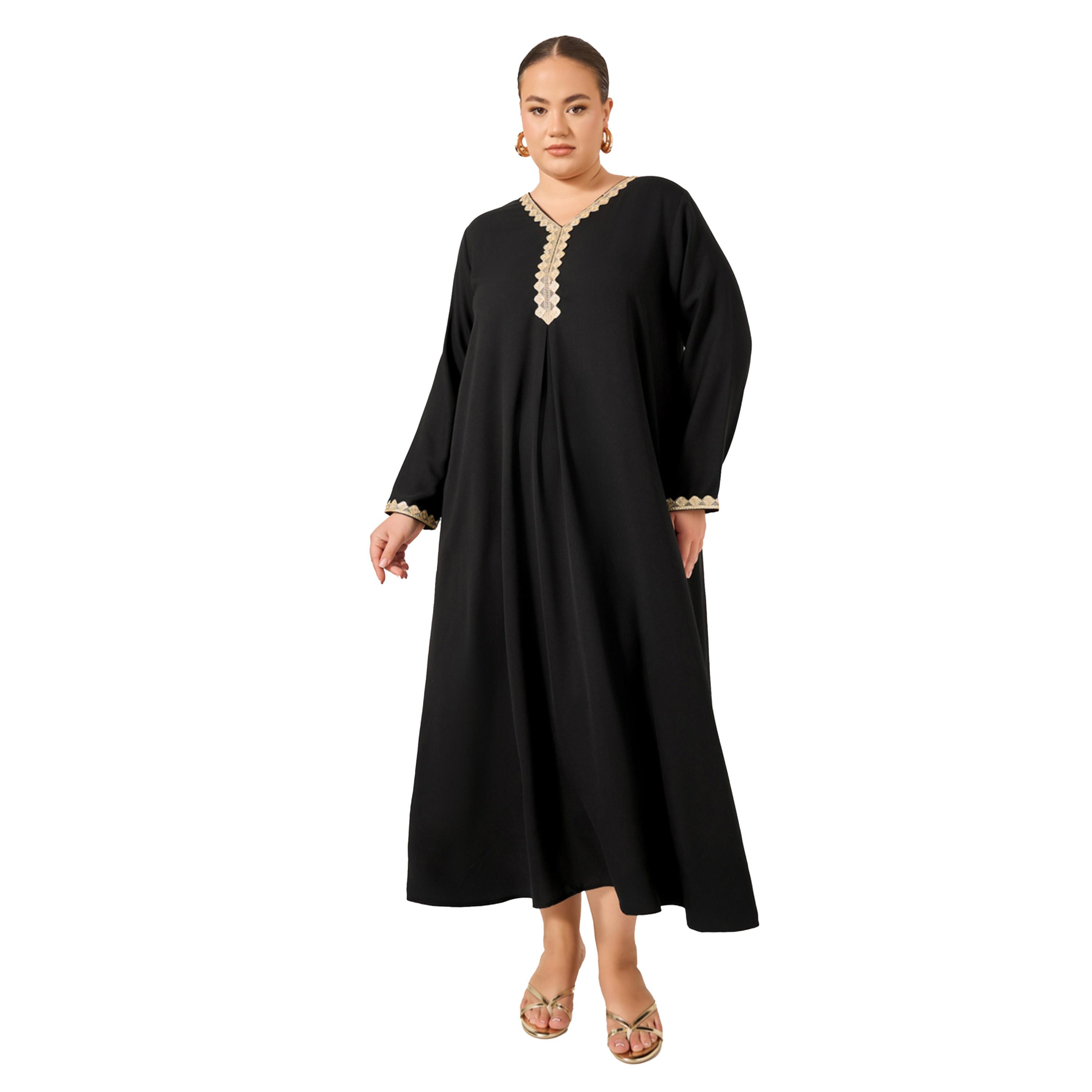 Styli Plus Size Lace Detail V Neck Flared Hem Jalabiya-women-arabicclothing-jalabiyas-image-2