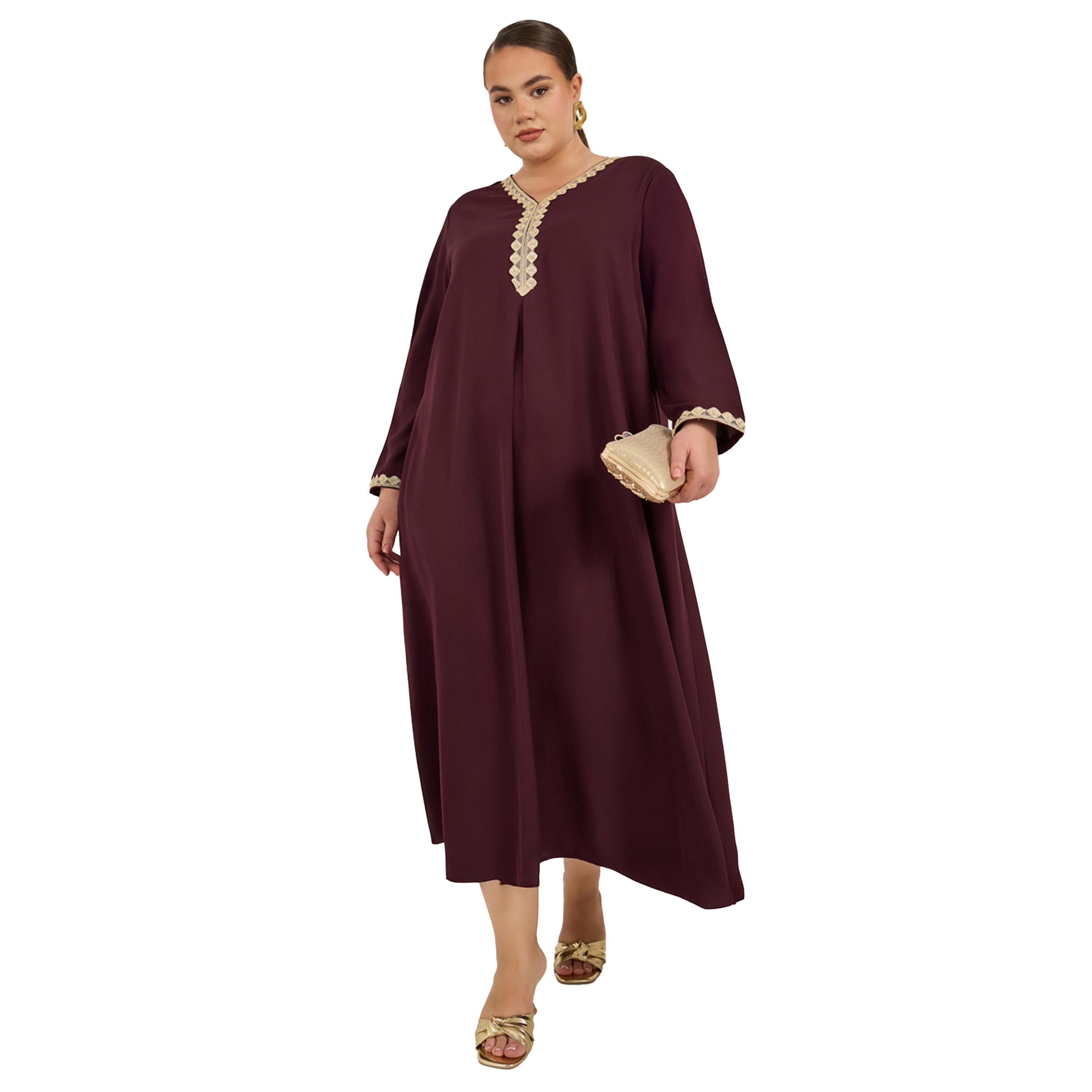 Styli Plus Size Lace Detail V Neck Flared Hem Jalabiya-women-arabicclothing-jalabiyas-image-1